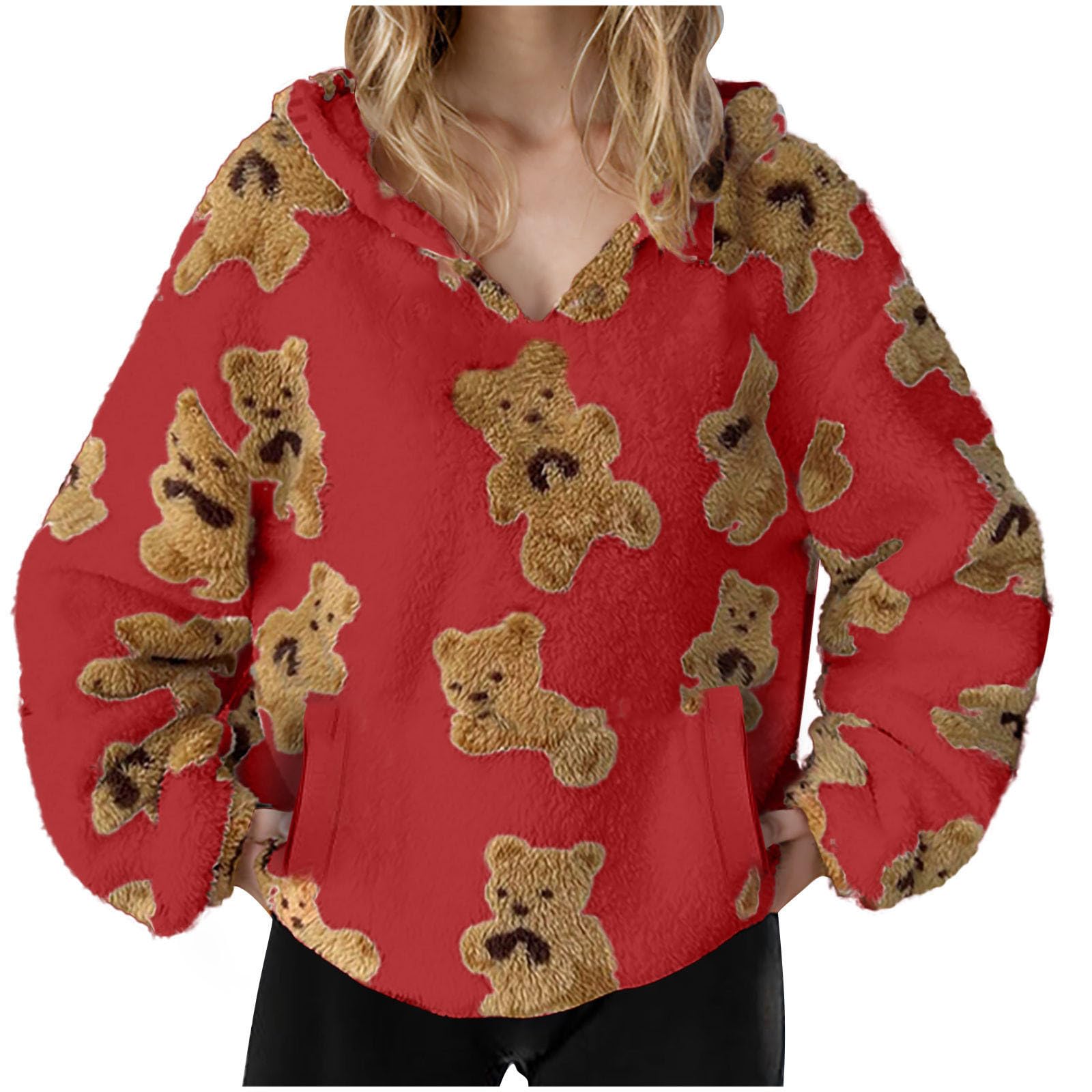 Felpa da donna con cappuccio sfocata con stampa di orsacchiotto, a maniche lunghe, con tasca, maglione caldo da donna, comodo, streetwear top per uso quotidiano, casa, lavoro o abbigliamento casual