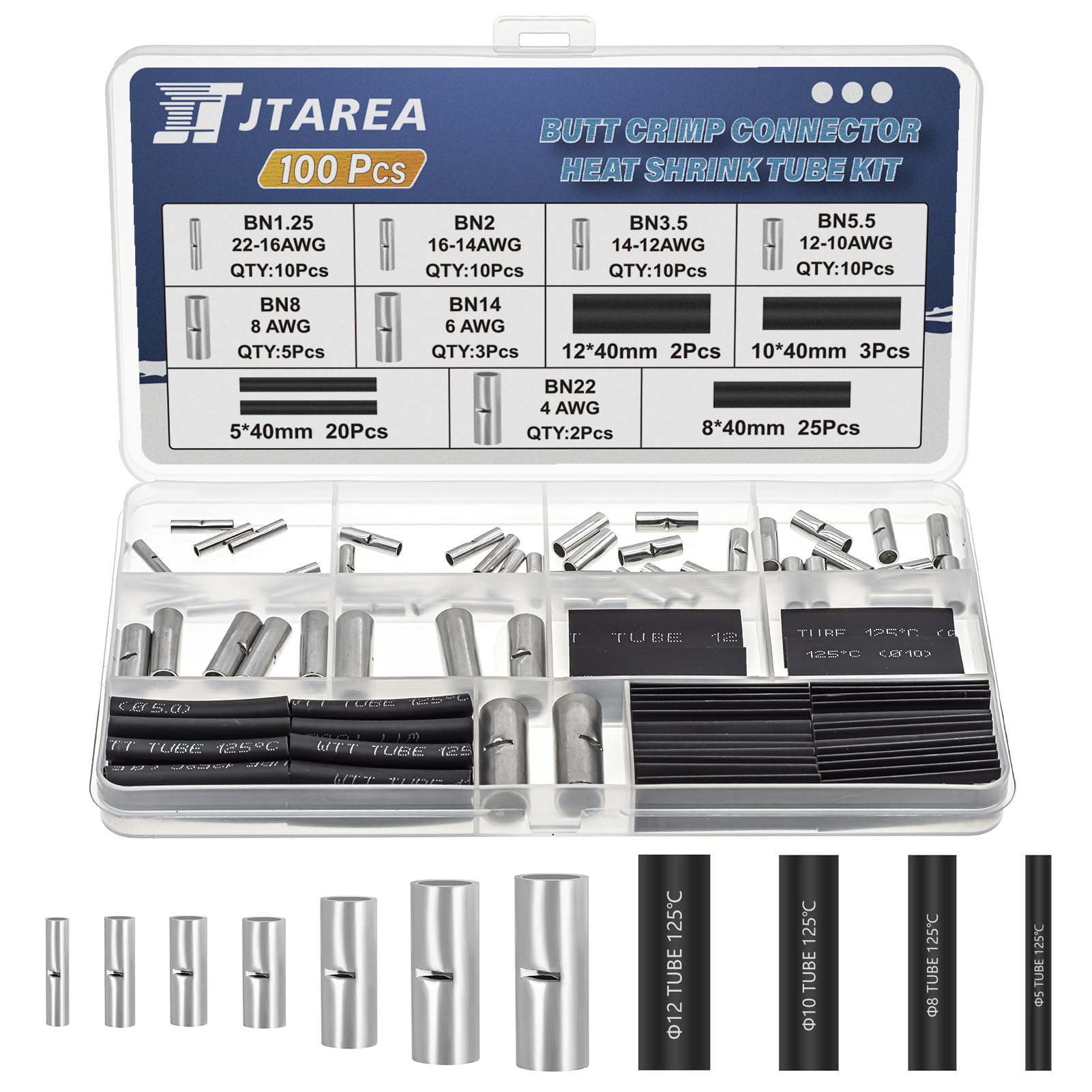 JTAREA 7 Values Non Insulated Butt Connectors Crimp with Heat Shrink Tube Uninsulated Wire Crimps Connector Pure Copper Splice for 22-16 16-14 14-12