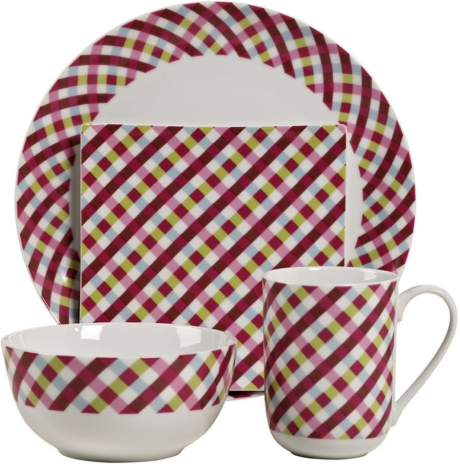 16pc Gingham Durable Porcelain Dinnerware Set