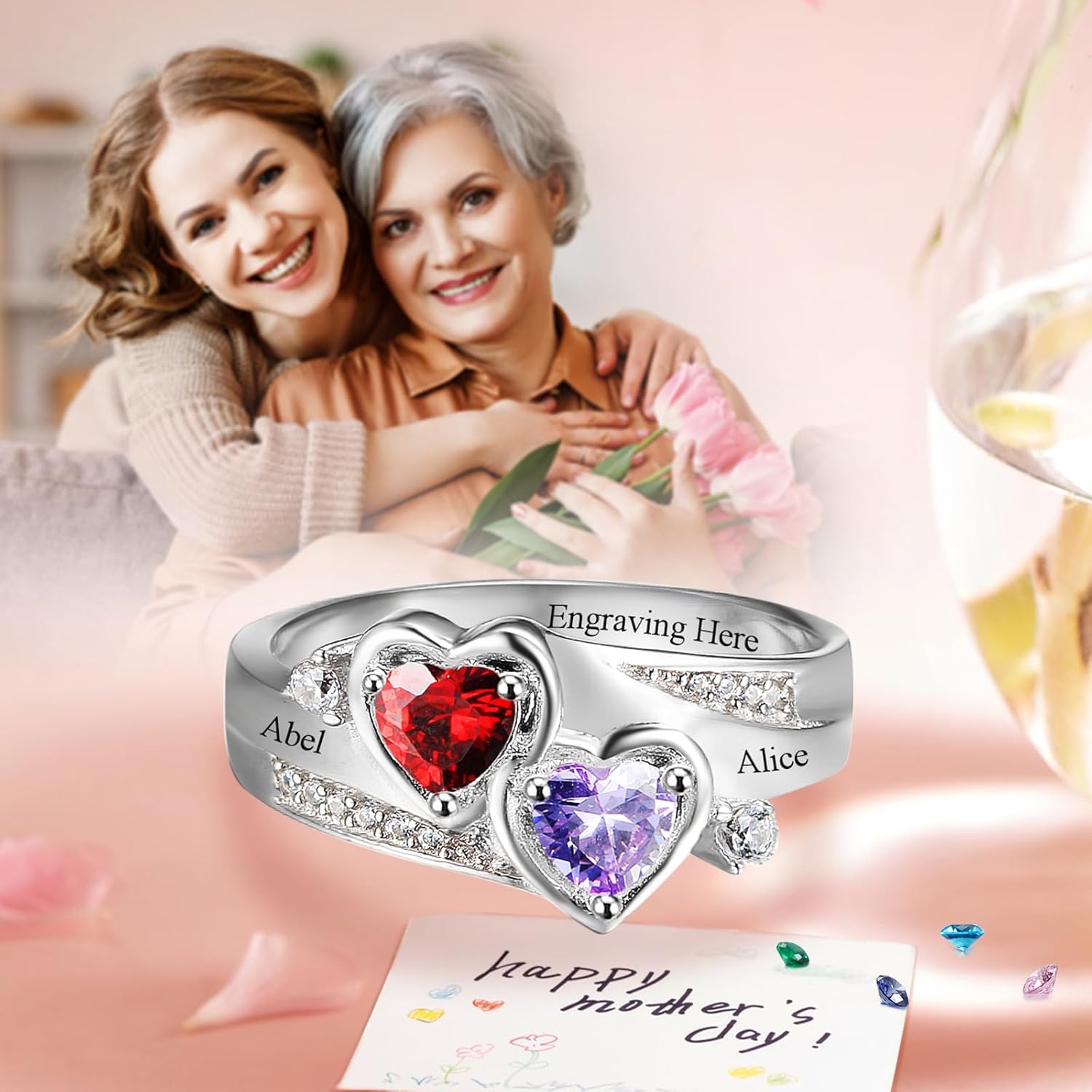 Sterling Silver Mothers Ring with Birthstones Personalized Birthstone Rings for Women Mom Engraved Names Promise Rings for Women Her Customized Jewelry Gifts - Image 6