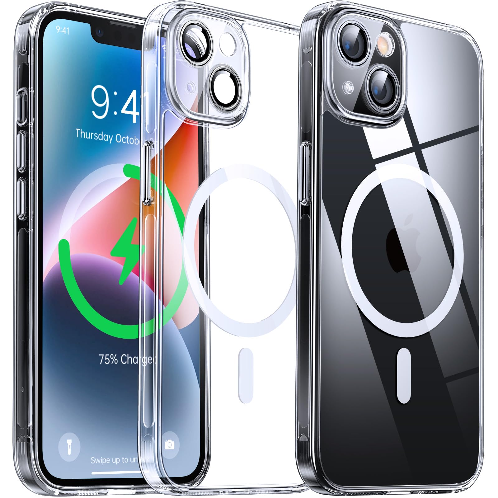 Flyzoo Clear Magnetic Case for iPhone 14 (6.1'') with Camera Protector, [Compatible with MagSafe] [Non-Yellowing] [Shockproof & Antiscratch Protection] Hard Transparent Cover with Silicone Edge, Clear
