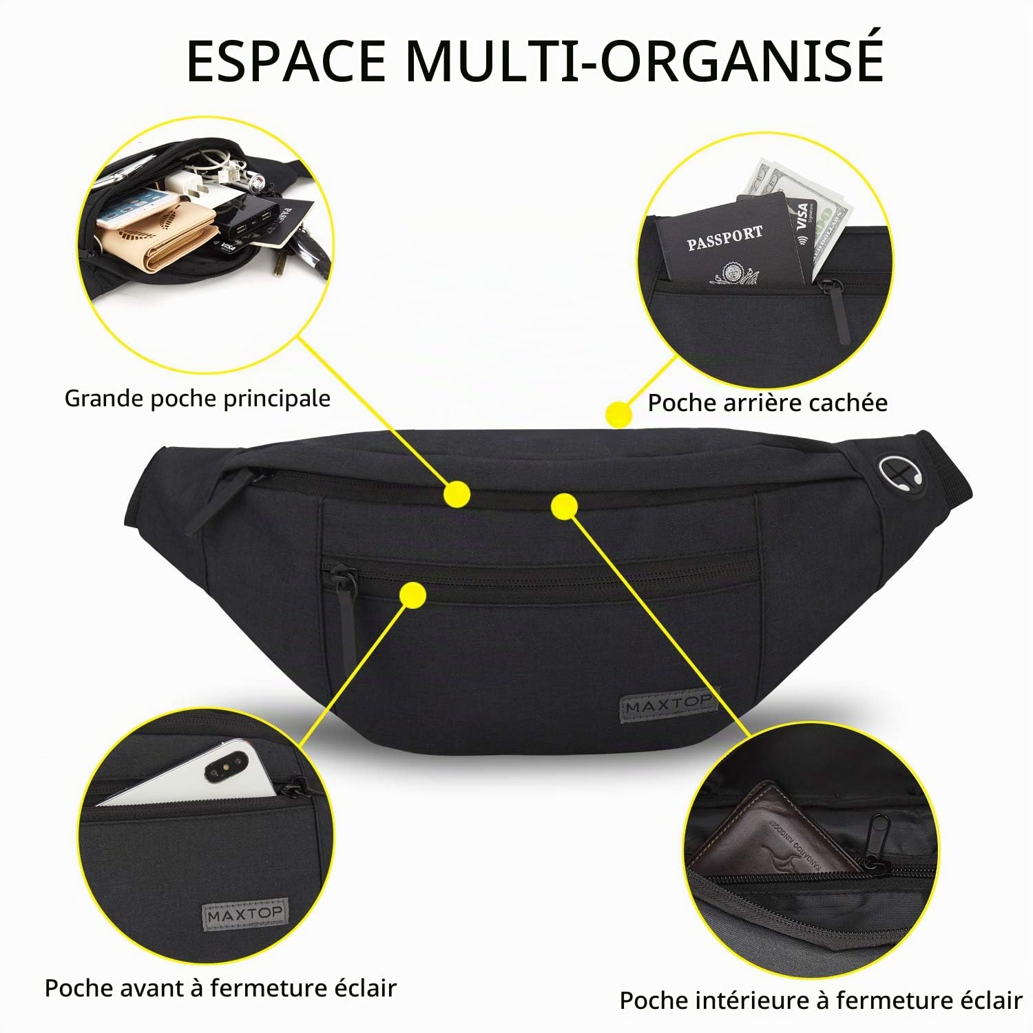 MAXTOP Grand Sac Banane pour Femme et Homme, Sac Banane avec Prise Casque et 4 Poches zippées, Ceinture réglable pour Le Cyclisme, la Course, Le Jogging, Les Voyages, l'extérieur