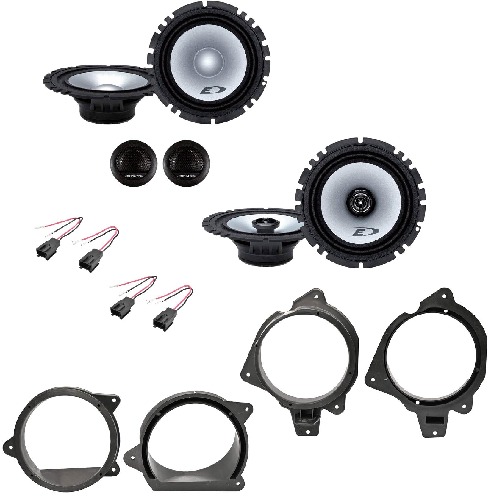 Kit de 6 altavoces delanteros/traseros Alpine SXE-1750S + SXE-1725S de 16,5 cm para Peugeot 207 + 4 soportes + 4 conectores
