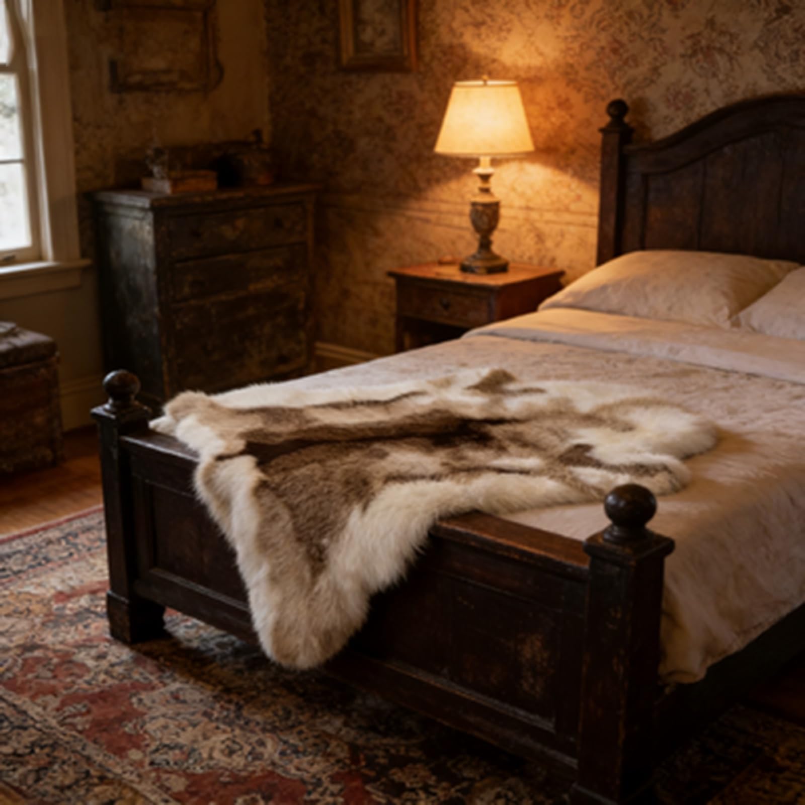 Kunstfell Rentier Teppich Schlafzimmer - weiches Rentier Fellimitat als Wohnzimmerteppich - Fellteppich Bettvorleger Schlafzimmer weiß-braun 120 x 95 cm