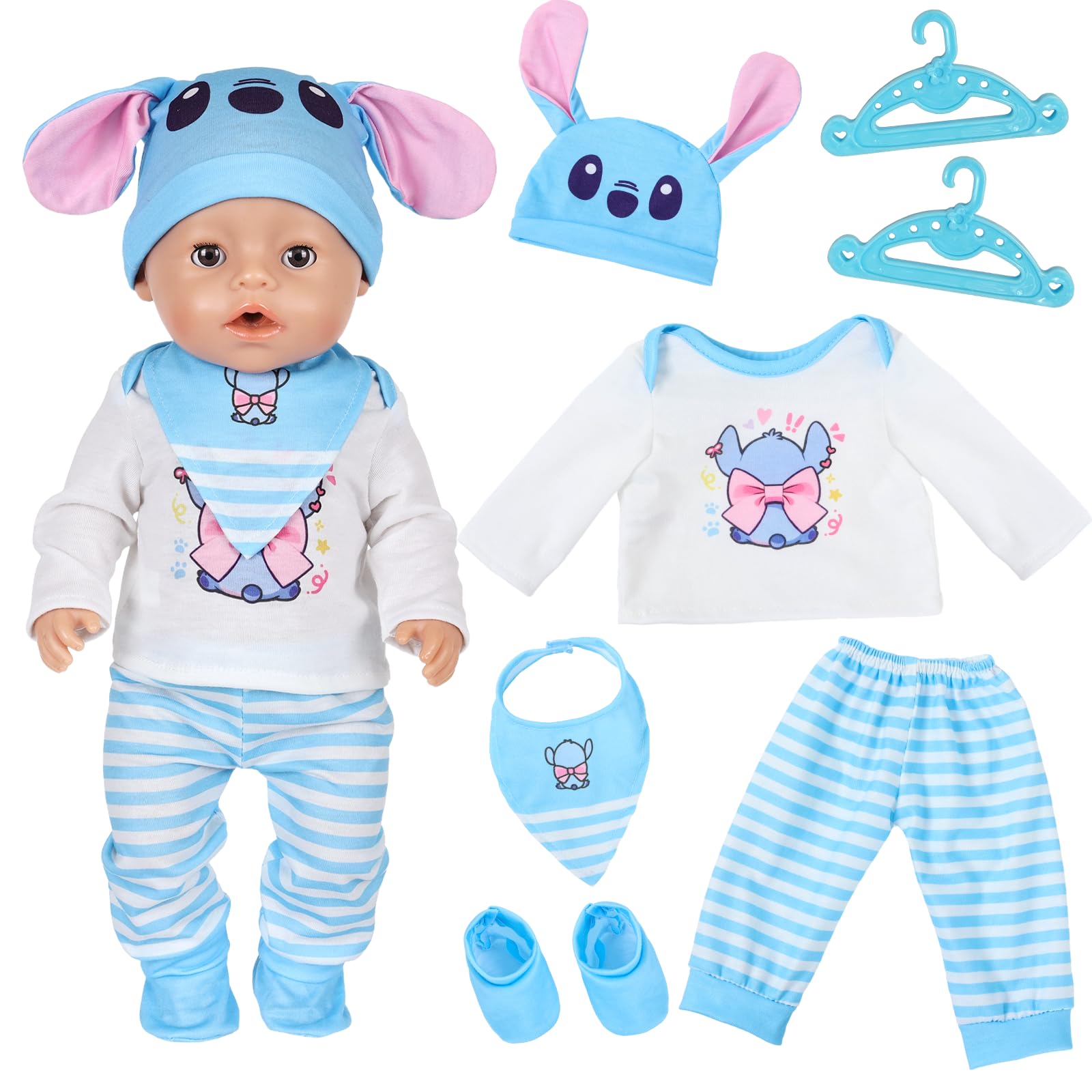 Doll Clothes for 14-18 Inch Baby Dolls, 35-45cm Baby Doll Outfits Clothes with Sweet Blue Top Trousers Hat Bib Socks Hangers