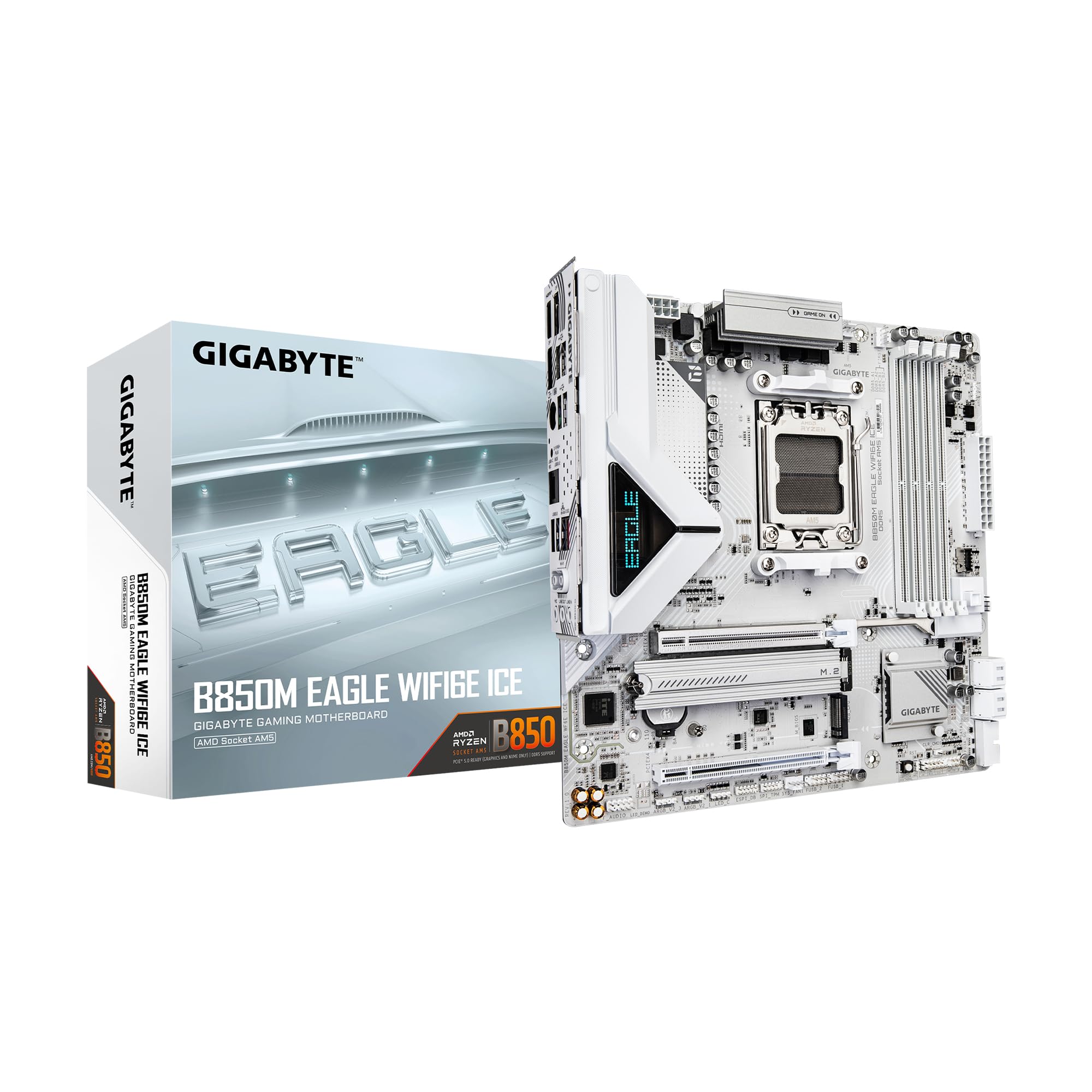 GIGABYTE B850M Eagle WIFI6E ICE AMD AM5 mATX Motherboard, Support AMD Ryzen 9000/8000/7000 Series, DDR5, 8+2+2 Power Phase, 2X M.2, PCIe 5.0, USB-C, WIFI6E, 2.5GbE LAN, EZ-Latch, 3-Year Warranty