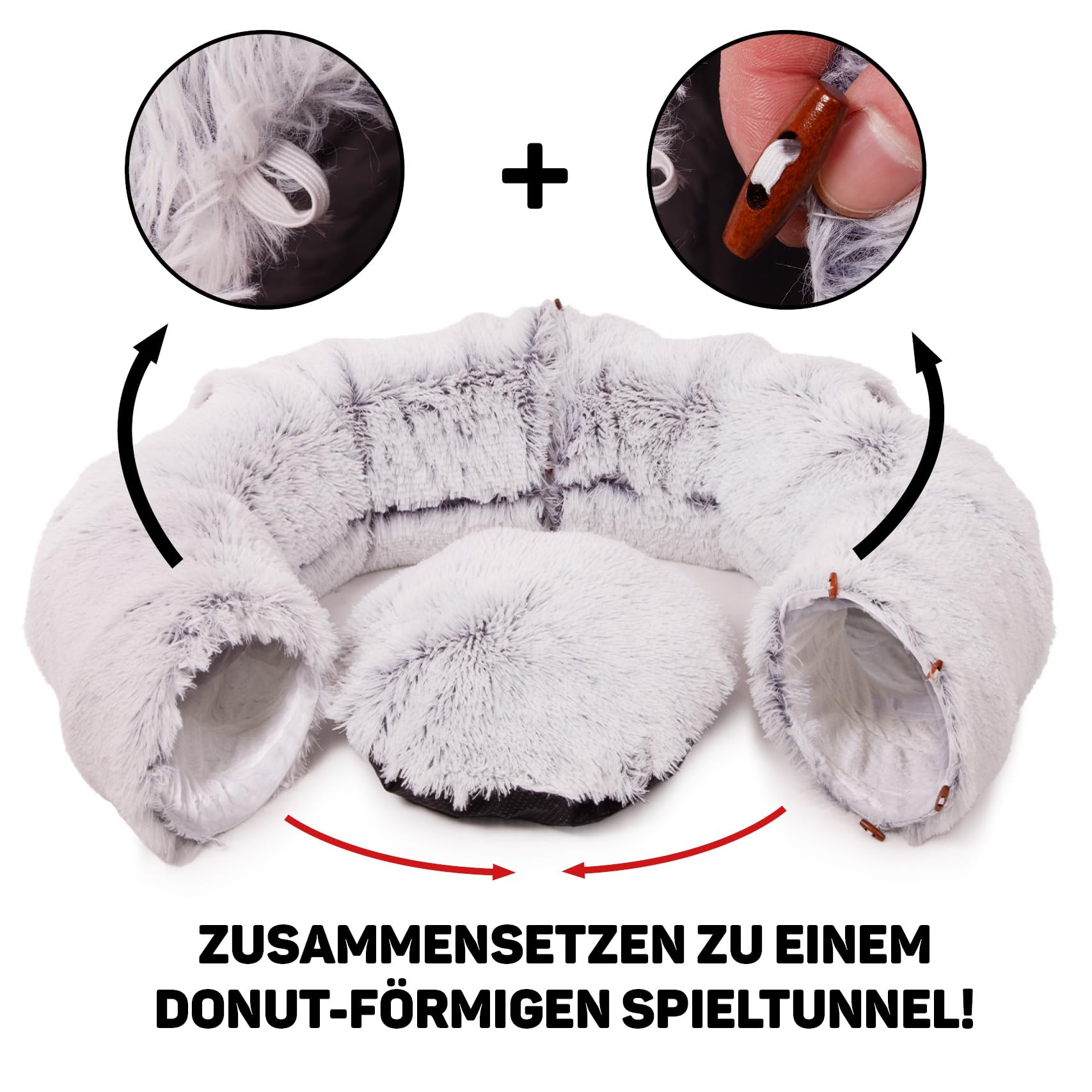 CanadianCat Company | Premium Katzentunnel mit Schlafplatz Otis Grau Kuschelfell Innenbezug Katzentunnel Große Katzen XXL 2-in-1 Donut Tunnel für Katzen inkl. flauschigem Liegekissen