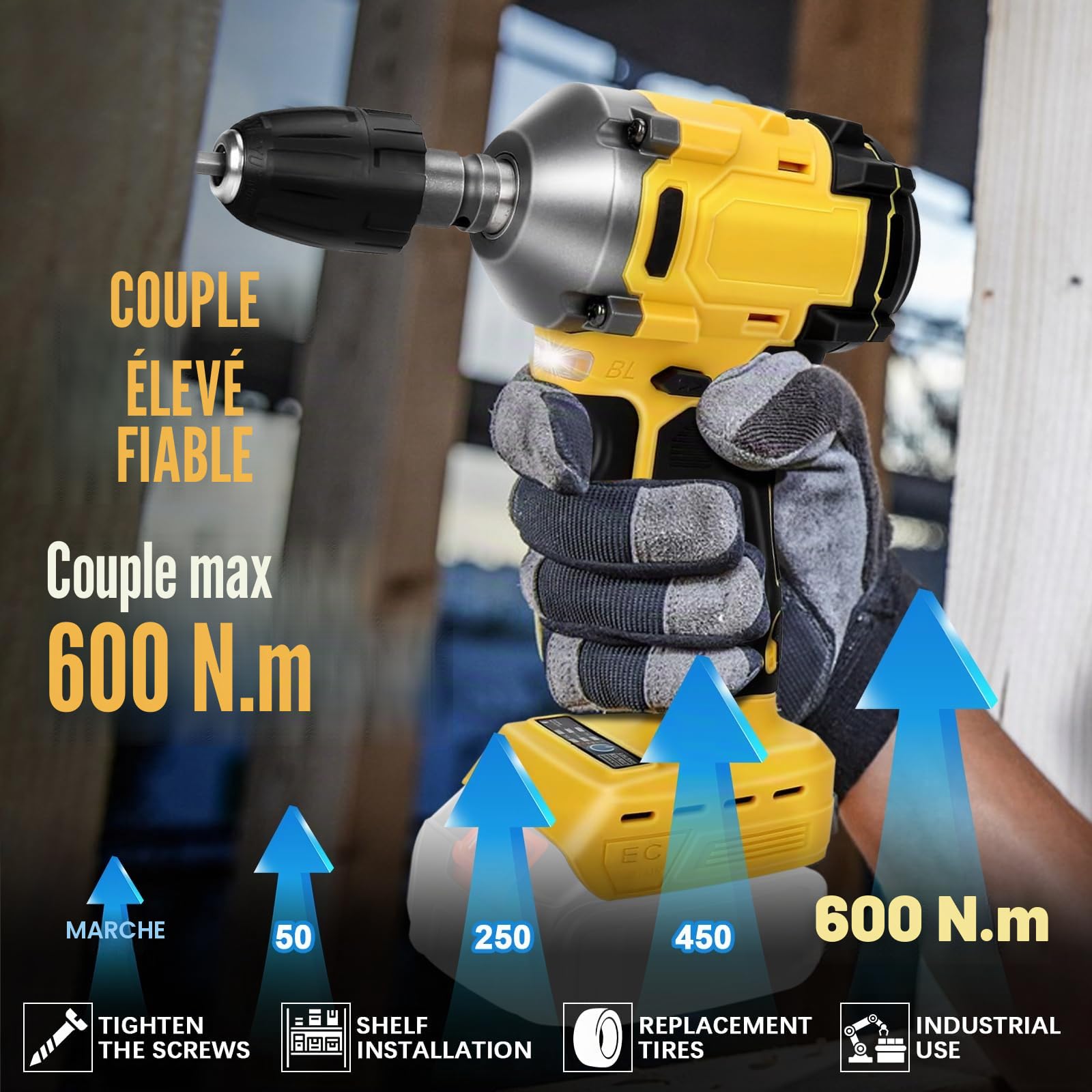 JAOGAUS Cordless Impact Wrench, 600Nm 1/2 Inch Brushless Impact Gun | Compatible with Dewalt 18 V/20 V, Visseuse à Choc Électrique 3 Vitesses et 12 Accessoires pour Changement de Pneus de Voiture