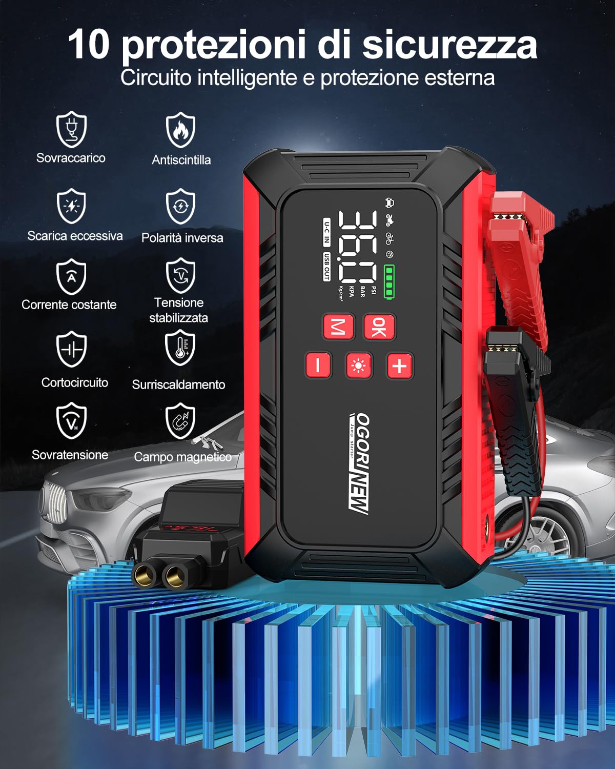 Booster Avviamento Auto con Compressore,Avviatore Batteria Auto 7000A,12V Starter Batteria Auto (8.0L Diesel/10.0L Benzina),Booster Batteria Auto Portatile con Torcia a LED, Display LCD