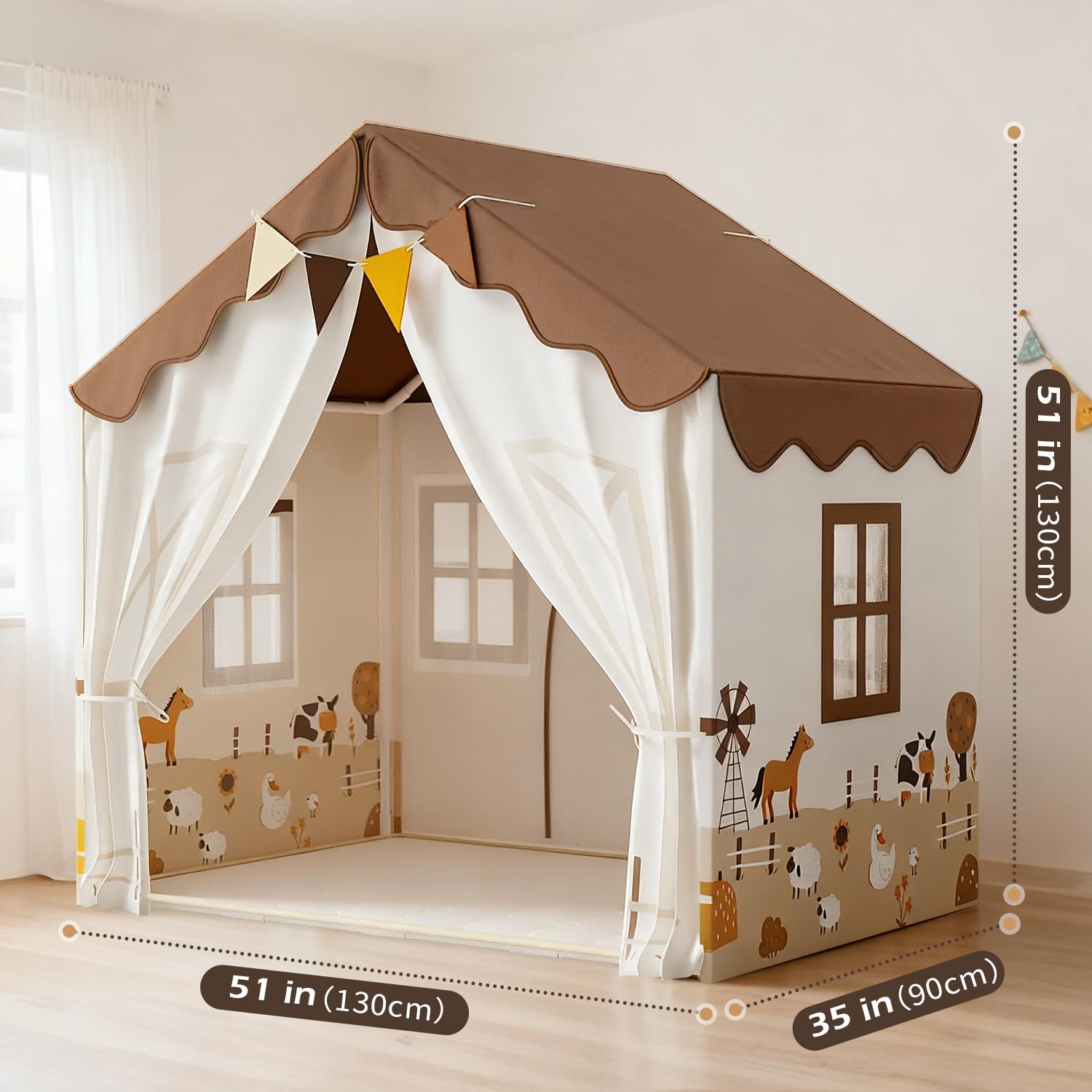 EagleStone Tente de Jeu pour Enfants avec Guirlandes et Tapis Moelleux, Intérieur, Cabane Lit-Tente, Coin Douillet, Beige