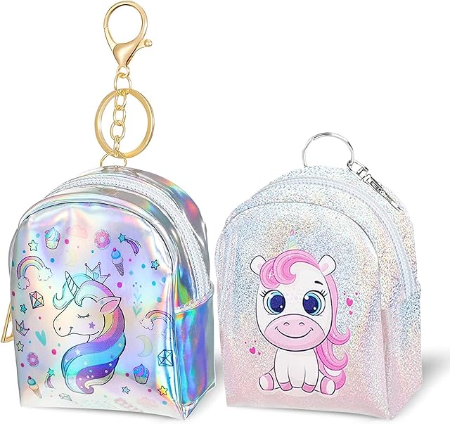 2 Pcs Unicorn Coin Purses,WideSmart Ladies Unicorn Mini Coin Purse PU Leather Zipper Wallet Pouch Bag for Girls with Keyrin Cartoon Purse Zipper Clutch Wallet Purse Bag Kids Gift Birthday Party Favor