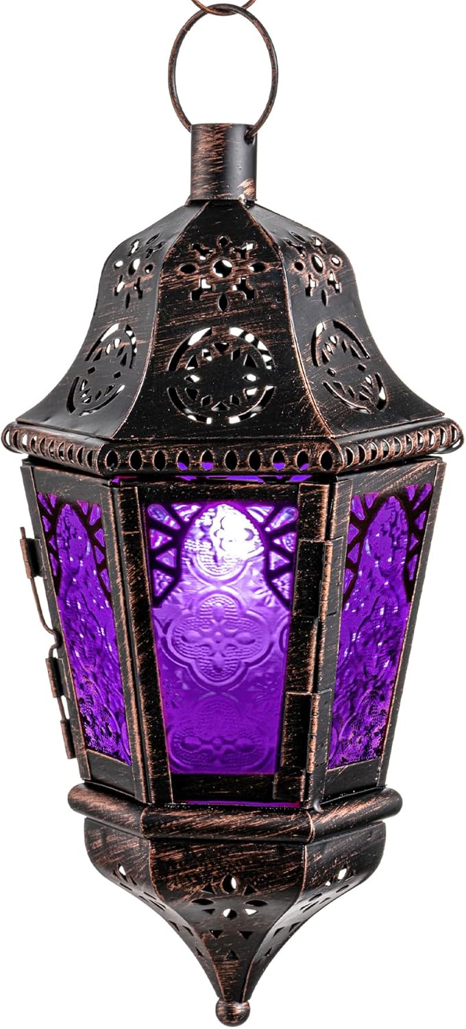 NEEDOMO Halloween Decorative Indoor Hanging Moroccan Lantern, 13.5'' Vintage Metal Candle Holder with 14.8" Chain, Ramadan Lanterns Decorative Indoor Outdoor for Home, Table, Patio, Porch (Purple)