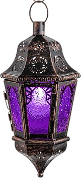 NEEDOMO Halloween Decorative Indoor Hanging Moroccan Lantern, 13.5 Vintage Metal Candle Holder with 14.8" Chain, Ramadan Lanterns Decorative Indoor Outdoor for Home, Table, Patio, Porch Purple