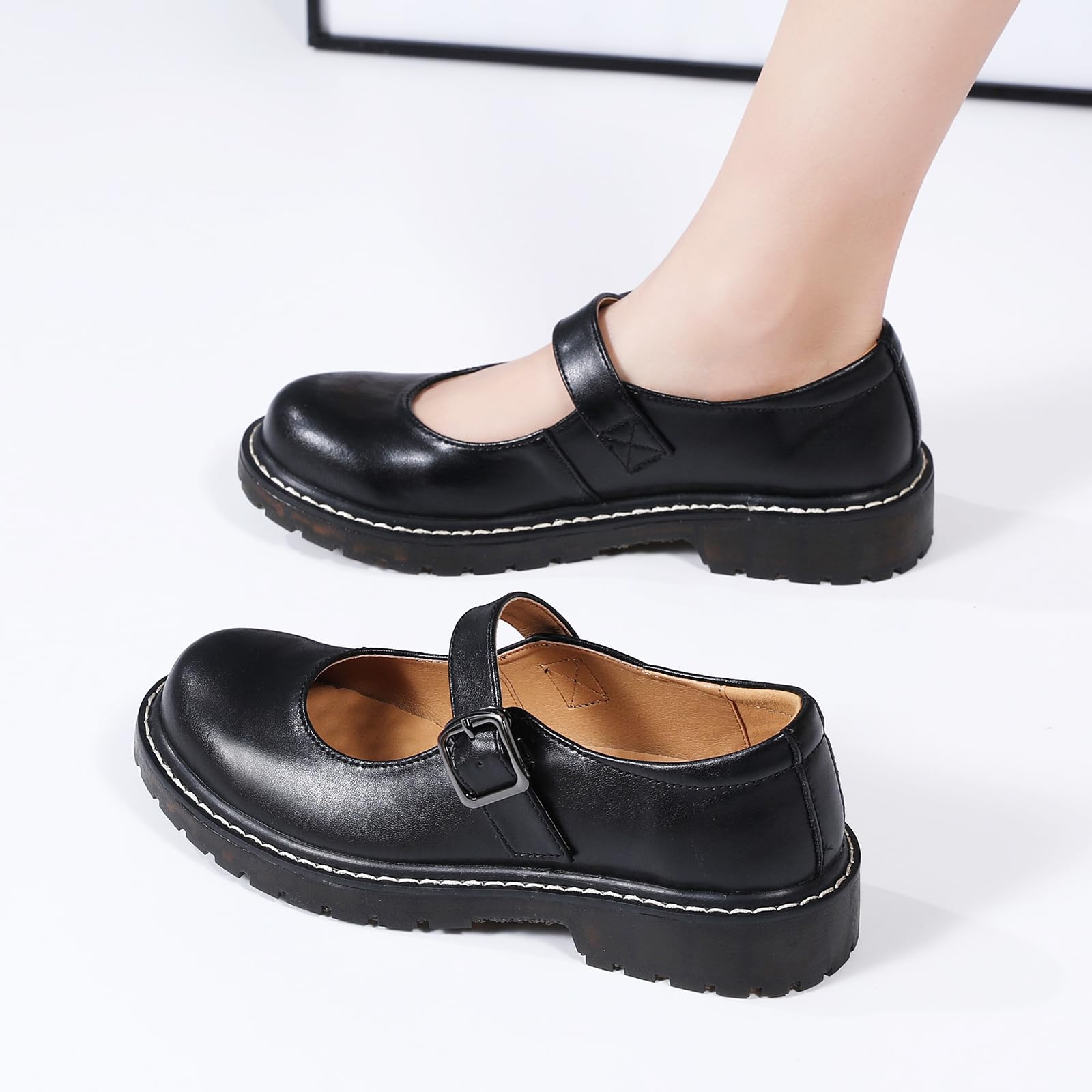 XMM Mary Jane Shoes Women Oxford Shoes Leather Round Toe Flats Non-Slip Ankle Buckle Strap Comfort Casual Dressy Cosplay Party School Work Shoes: 6.5 Black