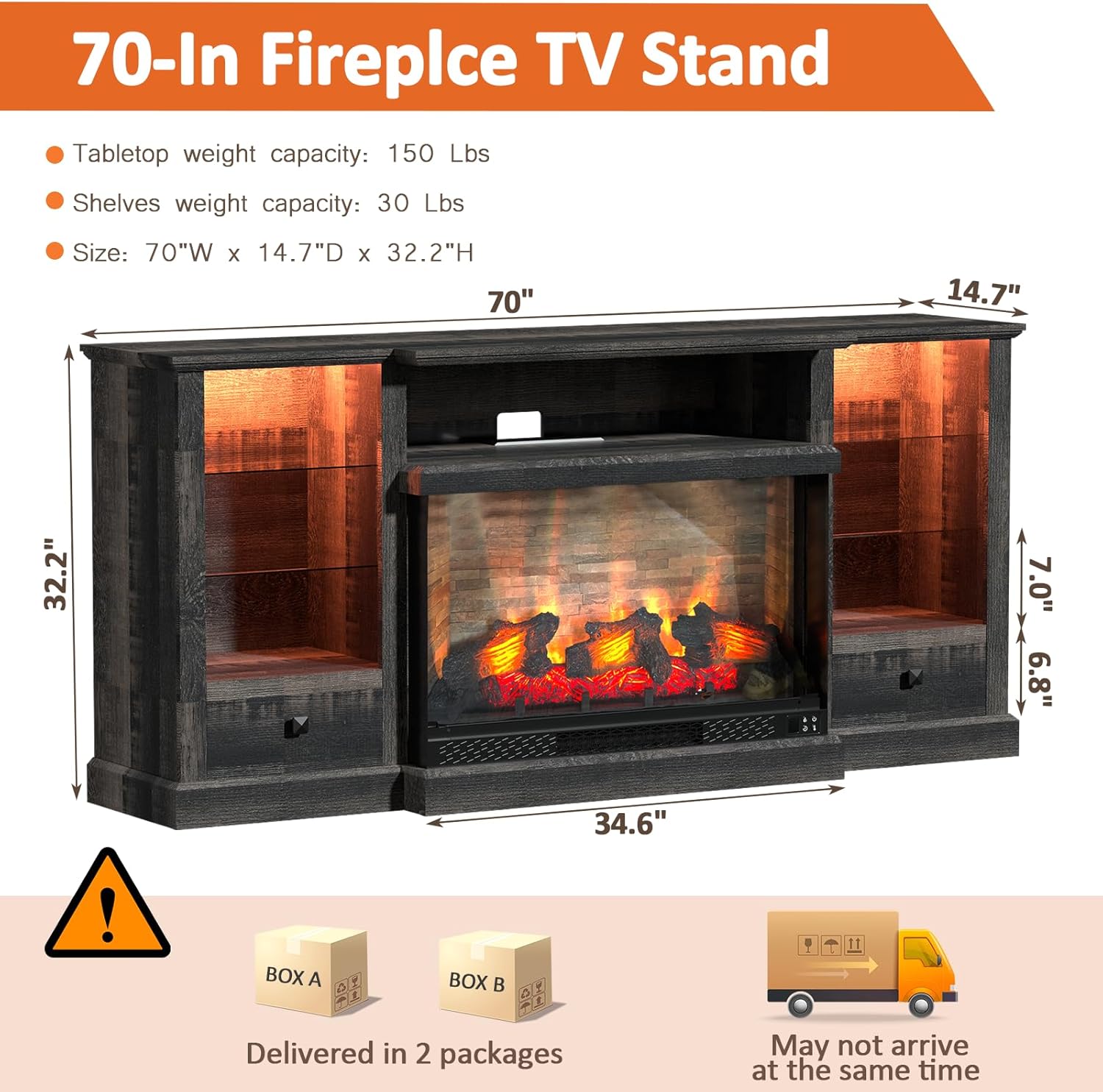 Rresyet Fireplace TV Stand for 80 inch TV, Media Entertainment Center with 36" 3D Electric Fireplace & Remote, Charging Station, Adjustable Shelves & Storage,TV Console for Living Room