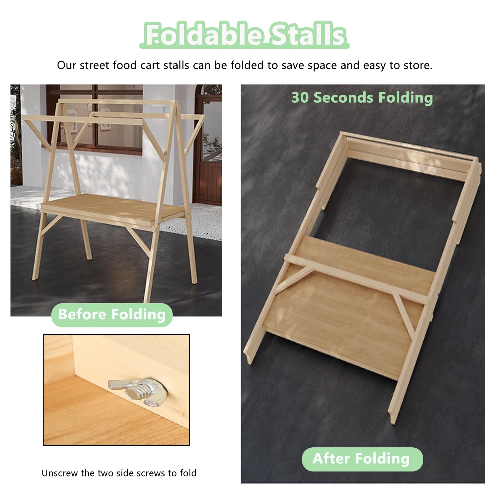 Carrello del venditore della struttura di legno con le ruote, esposizione leggera e portatile della stalla del mercato per la vendita all'aperto delle fiere commerciali