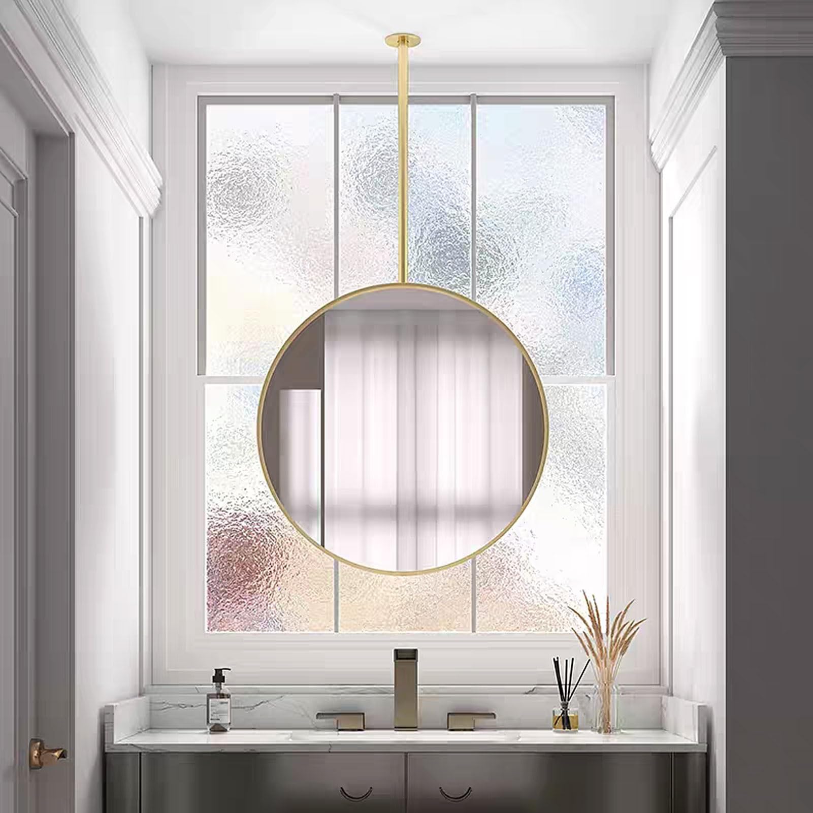 BKSXSOP Metal Round Mirror, Ceiling Mount Mirror with Hanging Rod and Framed, Simple Style Circle Wall for Bathroom, Bedroom, Hallway Living Room, Golden(Diameter-40CM/15.7INCH)