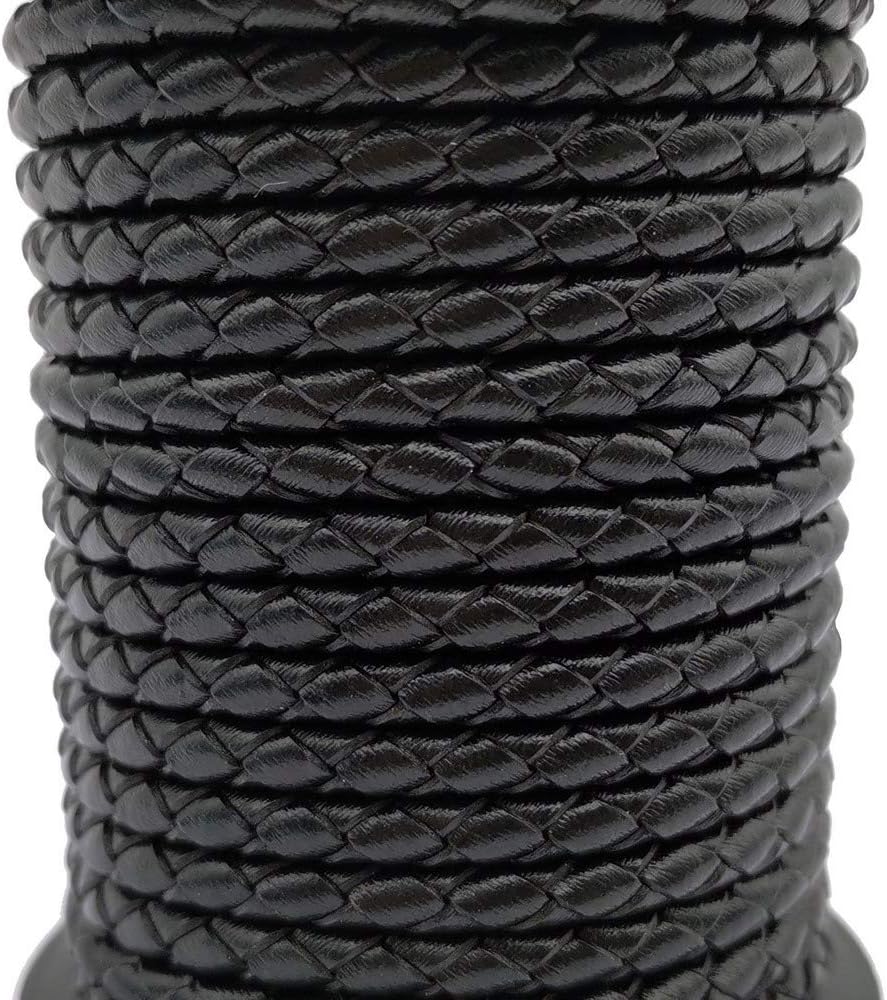 shapesbyX 5 Yards Braided Bolo Cords Regenerated Leather Strap 4.0mm Diameter Round for Jewelry Making or Beading Black