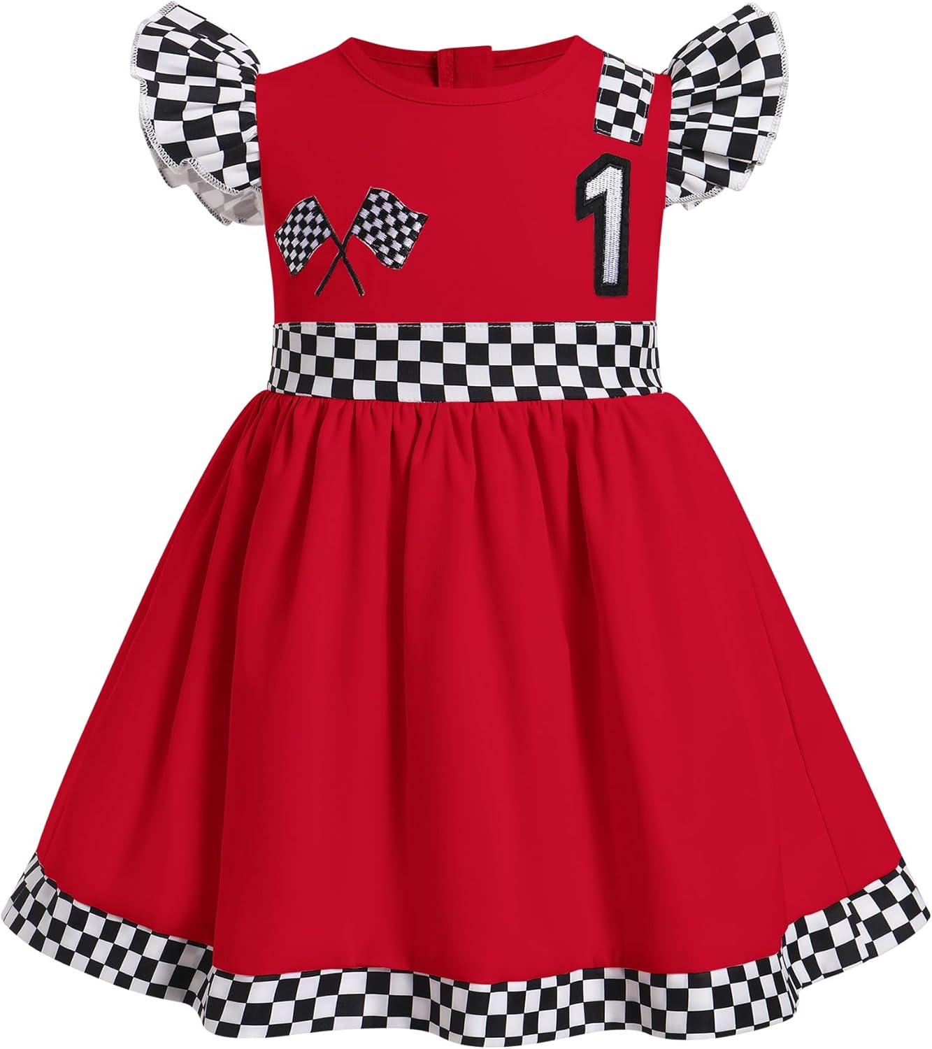 ODASDO Baby Girl Toddler Kids Racing Car 1st 2nd Birthday Outfit Checkered Flutter Sleeve A-line Ruffle Dress