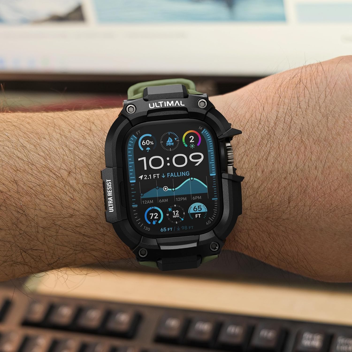 ULTIAML Schutzhülle mit Armband Kompatibel mit Apple Watch ultra 2/ultra 49mm, Einstellbar Stoßfest Sportarmband，Robustem Premium Armband (Grün)