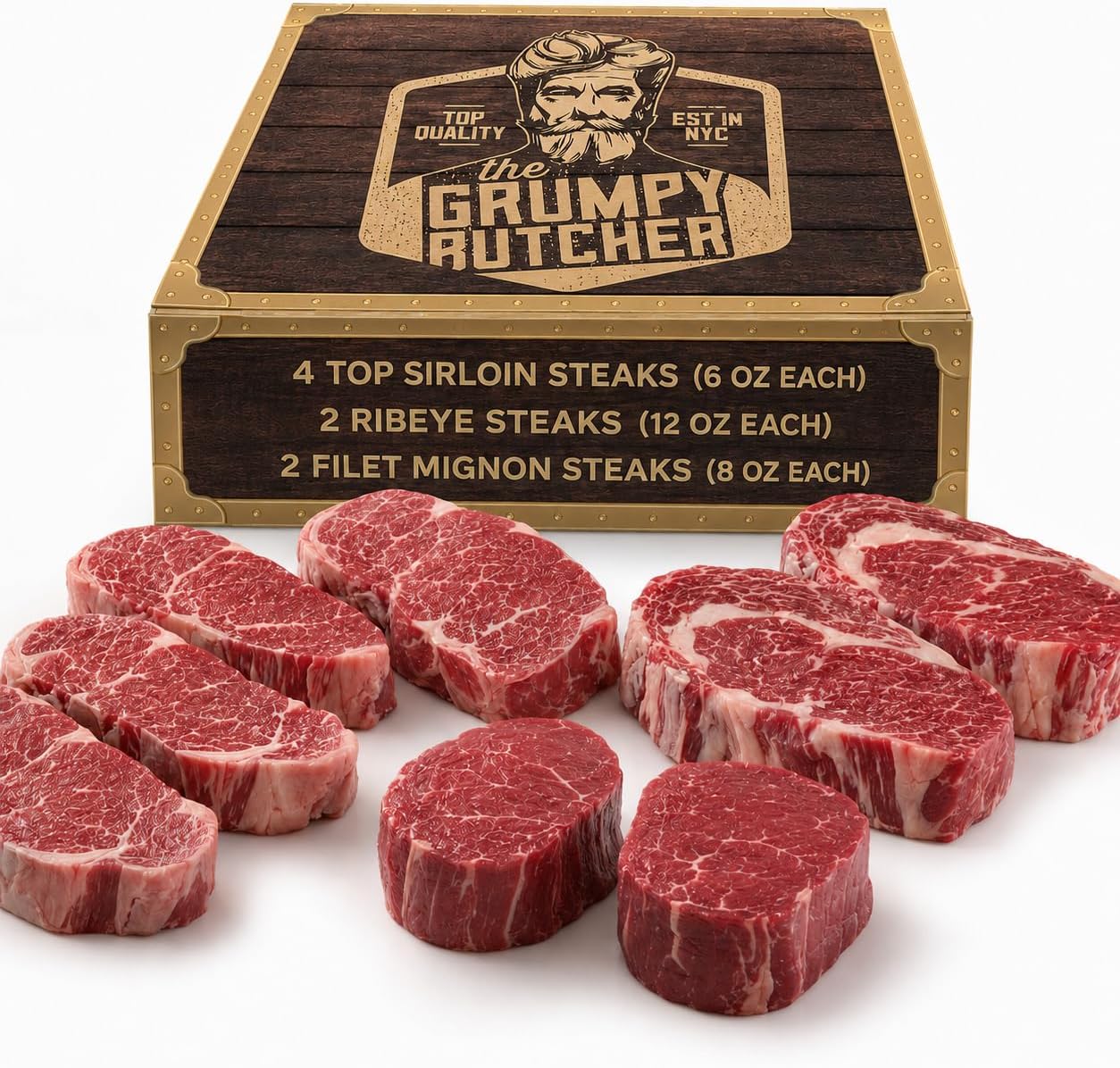 Grumpy Butcher 8 Steaks Full House Set - 4 Top Sirloin, 2 Ribeye Steaks & 2 Filet Mignon - USDA Prime or Upper Third Angus Choice - Steakhouse Quality Meat With Food Gifts Box Option