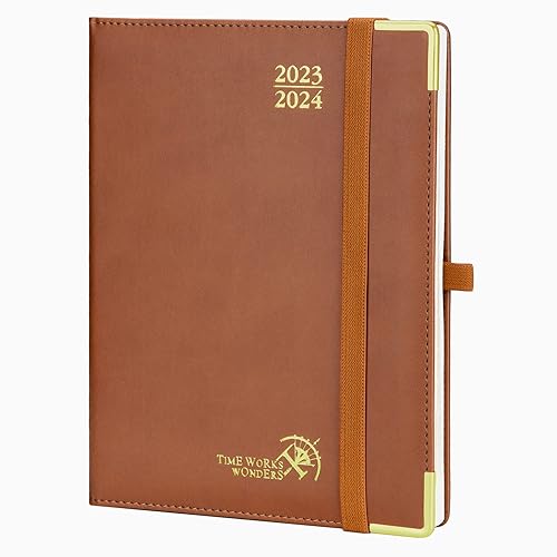 POPRUN Premium Agenda 2023 2024 Semainier 22x16,5cm - 17 Mois Agenda Scolaire D'août 2023 à déc 2024 - Couverture Rigide en Cuir PU, Onglets Mensuels, Papier Certifié FSC® 100 g/m², Marron
