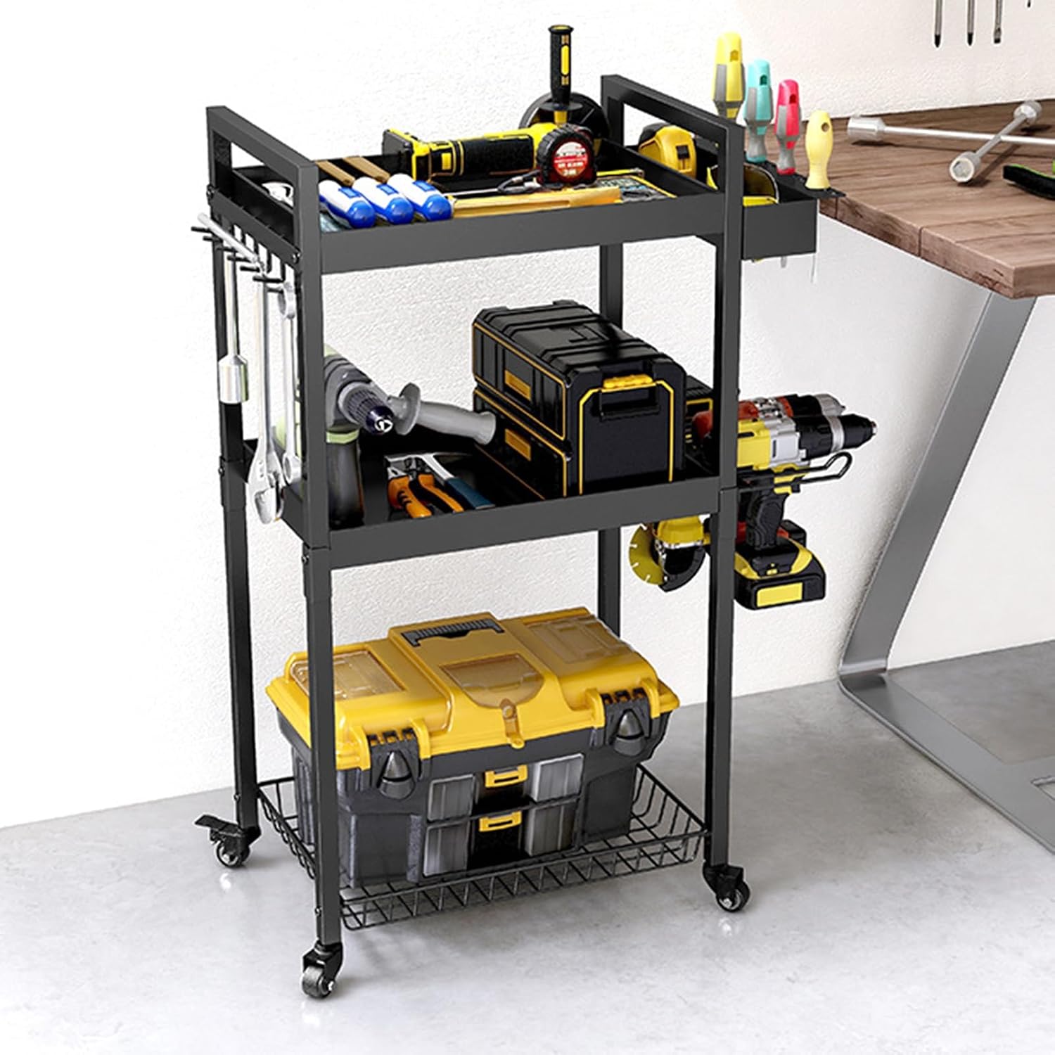 Power Tool Organizer Utility Vehicle Tool Organizer Cart Multi-Directional Wheels Tool Cart Storage Cart with Wheels Garage Floor Standing Rolling Tool Organizer Cart Black