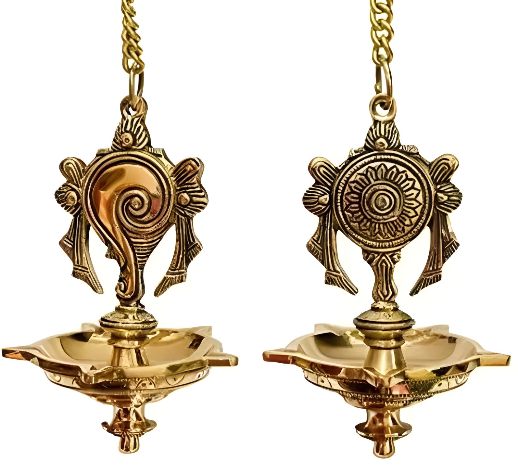 PujaNPujari Brass Shankh Chakra Diya | Wall Hanging Oil Lamp Diya, Vishnu Shankh N Chakra Hanging Diya (with Chain 24 inches).-image-22