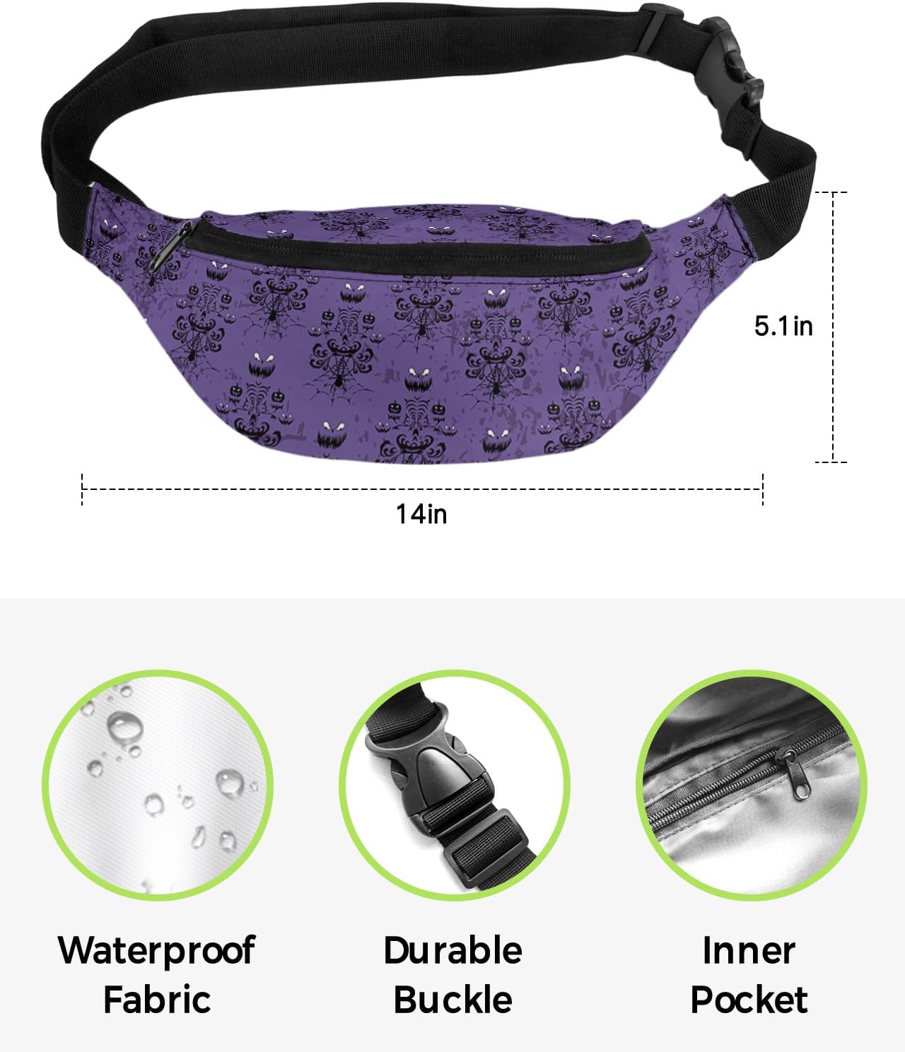 Halloween Fanny Pack for Running Waist Pack for Women and Men, Haunted Ghost House Mansion Spider Waterproof Crossbody Pocket Belt Bag with Adjustable Strap Bum Bag for Sports Travel Hiking Cycling
