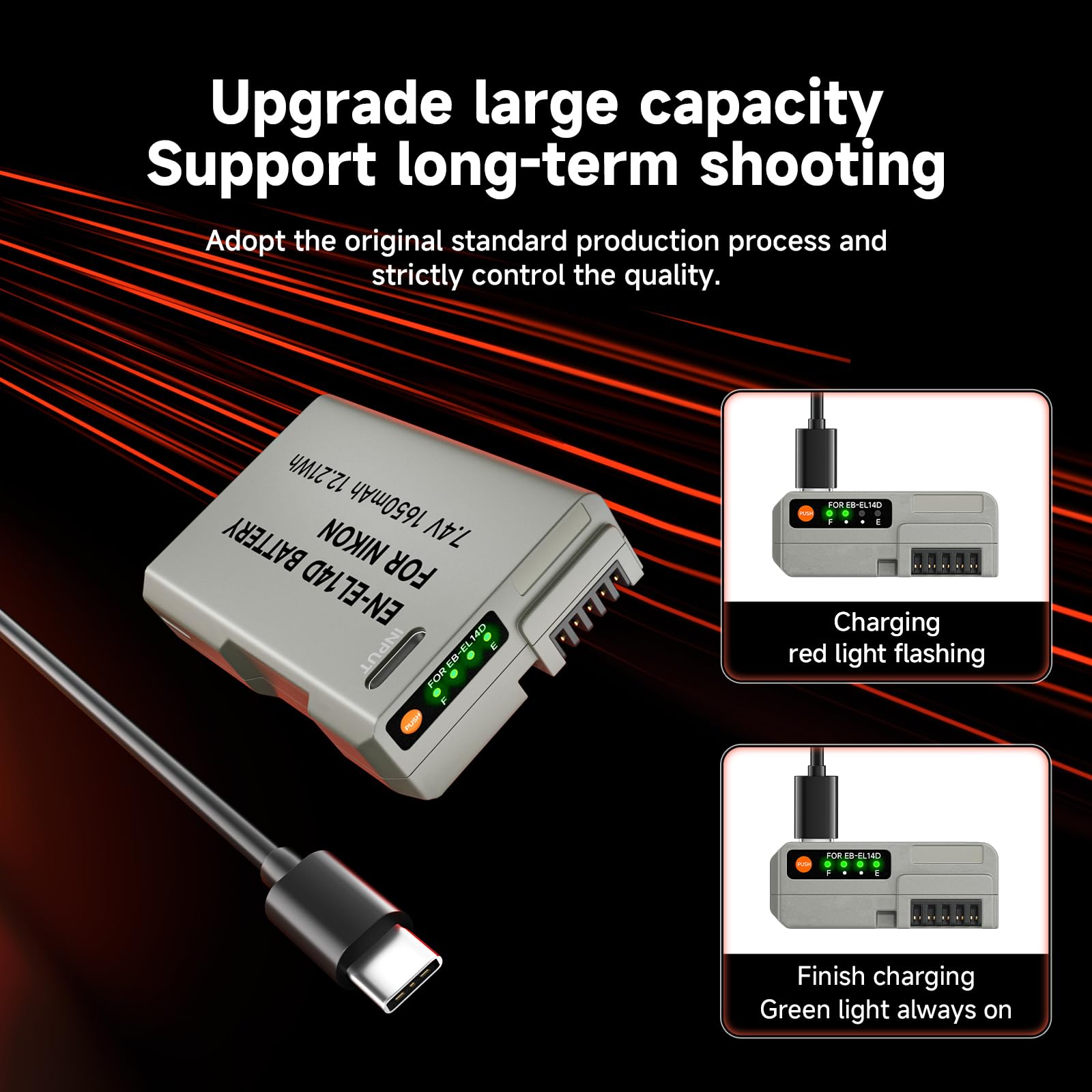 Akumulator ENEL14 1650mAh z kablem USB-C do Nikon D5600 D5100 D5200 D5300 D5500 D3200 D3400 D3500 Coolpix P7100 P7200 P7700 P7800