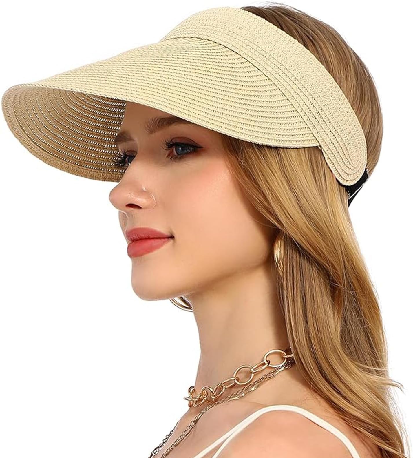 Womens Sun Visor Hat Straw Sun Visors for Women Summer Packable Ponytail Beach Hats UV Protection Beach Cap for Women Travel UPF 50+