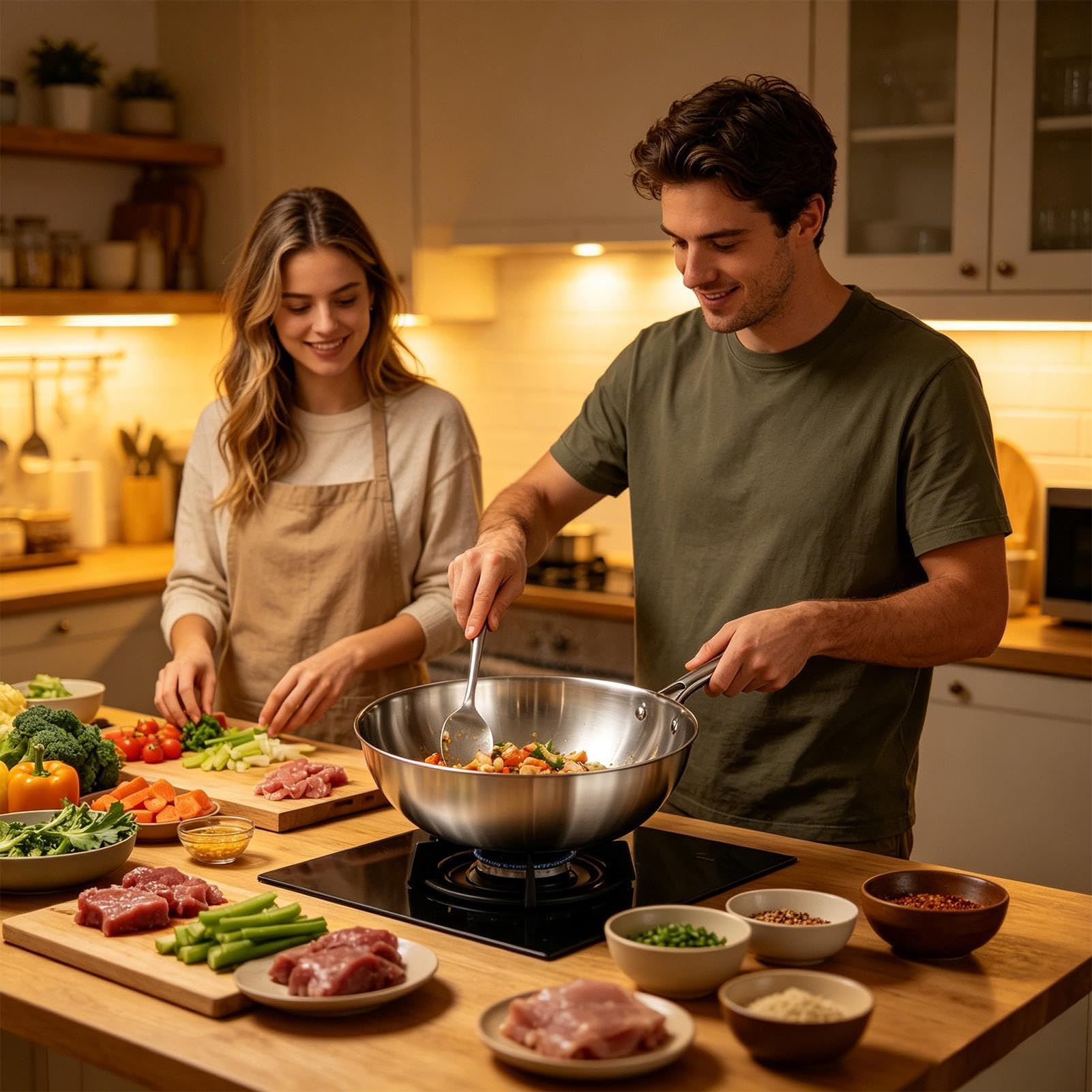 Sartén profunda Woks de fondo plano sin revestimiento | Sartén de acero inoxidable para todas las estufas, asar, estofar, hervir, hervir, comidas familiares, mariscos, desayunos
