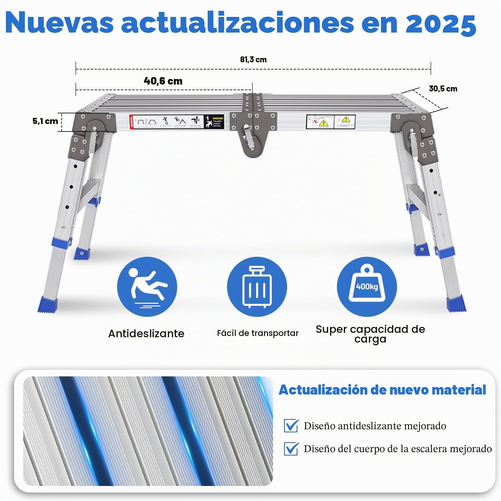 Plataforma de Trabajo de Aluminio Mejorada Plegable hasta 362 kg, Plataforma de Trabajo, Escalera escalonada de Aluminio Ajustable con cerraduras de Seguridad, Pedestal para escaleras
