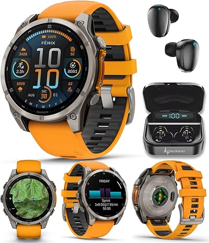 Miniatura 18 de Wearable4U Garmin Fenix 8 – 2 pulgadas, reloj inteligente multideporte GPS AMOLED, zafiro, titanio con banda de silicona naranja brillante/grafito,
