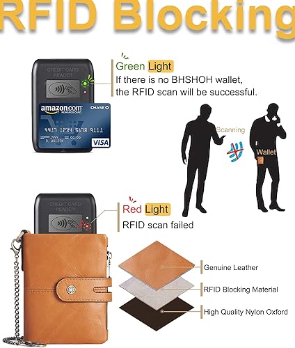 Miniatura 4 de Billetera con cadena para hombre, de piel auténtica, con bloqueo RFID, monedero de doble cremallera con bolsillo para monedas, Marrón, Cartera de