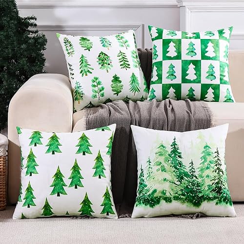 Miniatura 2 de JOJOGOGO Juego de 4 fundas de almohada de 18 x 18 pulgadas para decoración de Navidad de color verde esmeralda para árbol de Navidad, fundas de