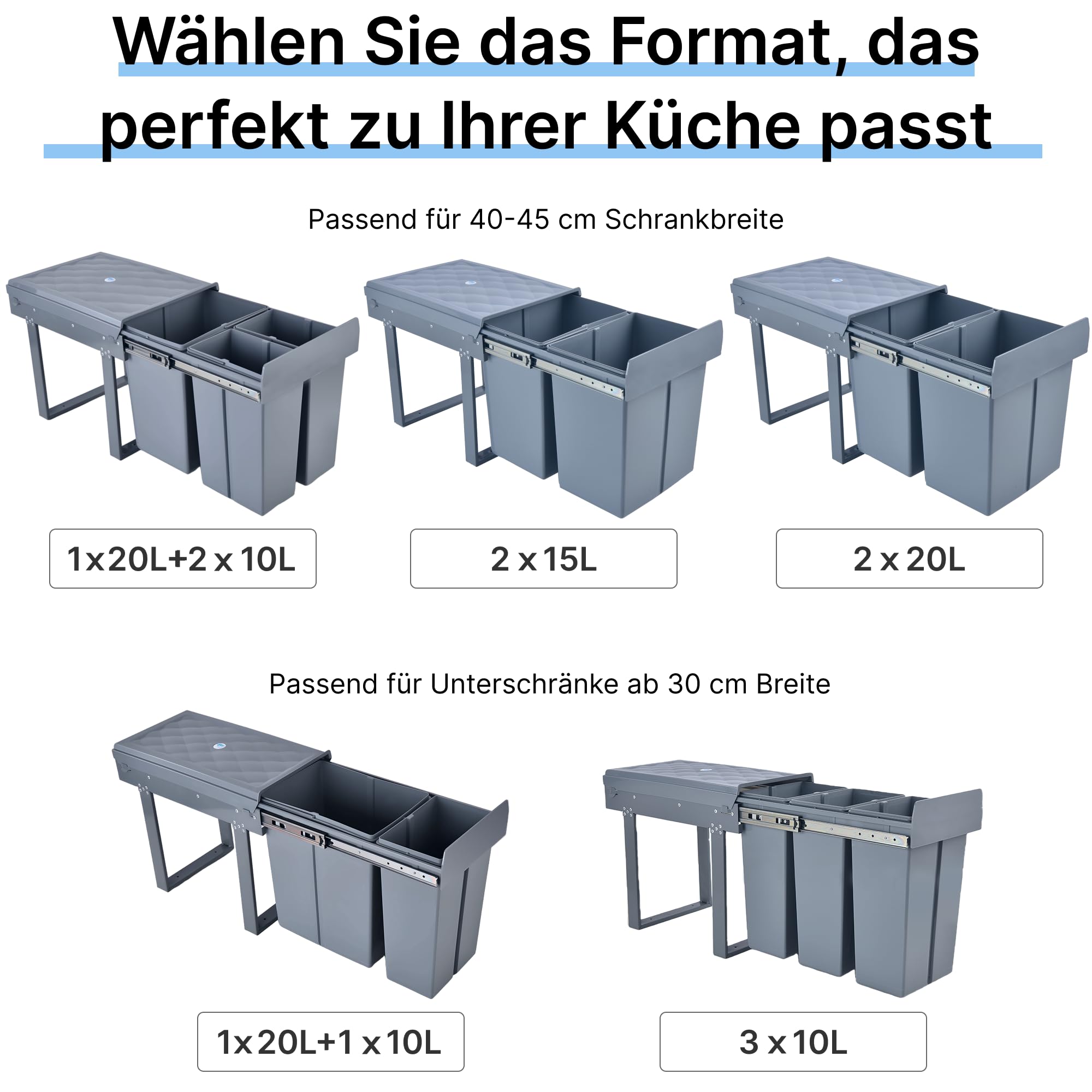 Einbaumülleimer Küche 2 Fächer (20L+10L) 48x33x35cm Mülleimer Grau | Mülltrennsystem für schmale Schränke, 5-Punkt-Verstärkung, ausziehbarer Unterschrank-Mülleimer, Abnehmbarer Deckel