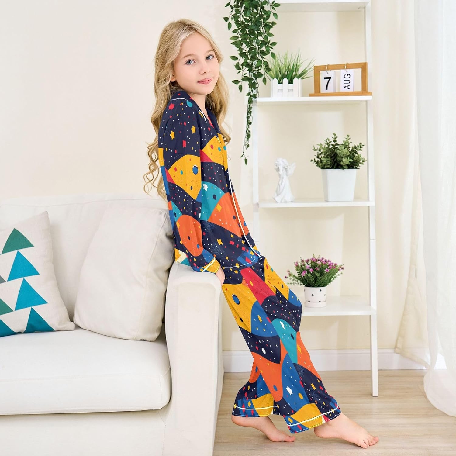 Button Up Satin Pajamas Set Star Colorful Galaxy Novelty Long Sleeve Sleepwear 2 Piece Pjs Set 5-14 Years