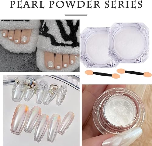 Miniatura 7 de 2 piezas de polvo de uñas de cromo perla blanca, efecto espejo, aurora, perlas mágicas, pigmento holográfico, polvo holográfico de perlas de sirena