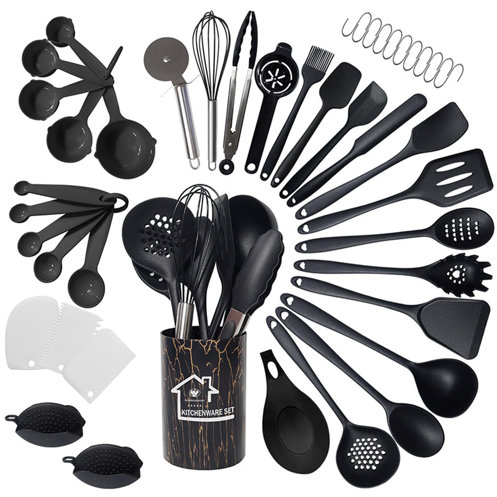 43 Stück Küchenhelfer Set,Silikon Kochutensilien Kochbesteck Set,Hitzebeständiger Kochgeschirr mit Utensilienhalter,Antihaft Kochset Küchenutensilien,Spülmaschinenfest (Schwarz)