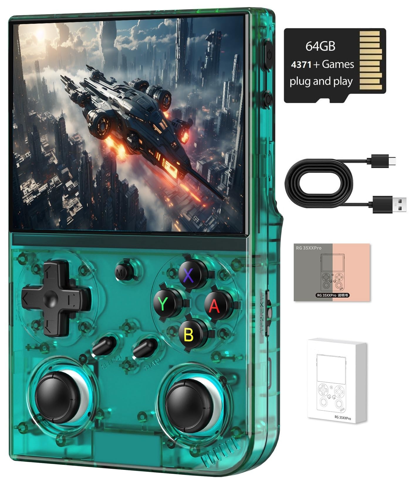RG35XX Pro - Console di gioco portatile, RG 35XXPro, supporta uscita TV HDMI 5G WiFi Bluetooth 4.2, schermo IPS da 3,5 pollici, sistema Linux con scheda TF 64G integrata 4353 giochi (verde acqua