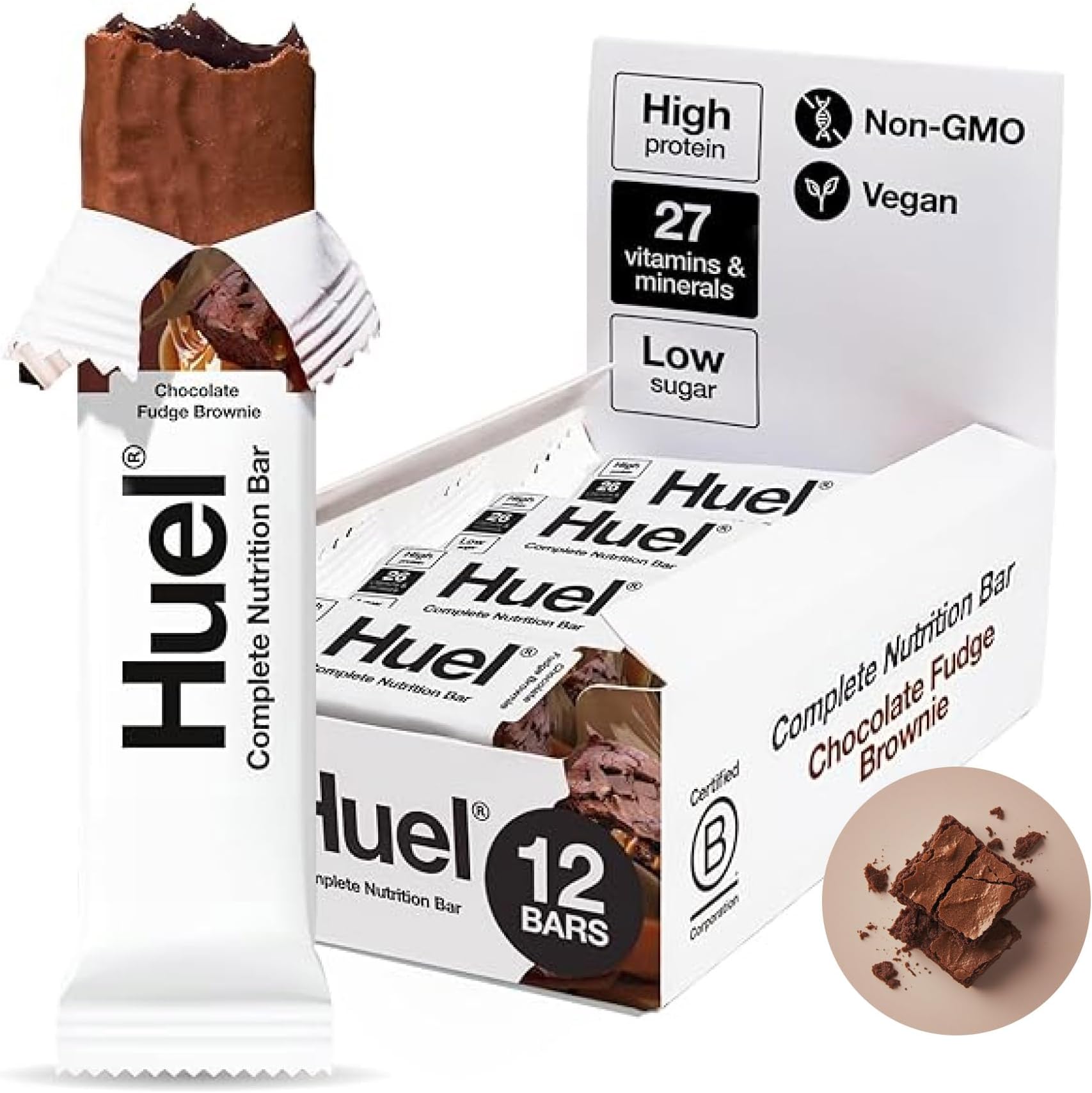 Huel Complete Nutrition Vegan Protein Bars | Fudge Brownie | 13g Protein | 27 Vitamins & Minerals, 2g Sugar, Non-GMO, 100% Plant Based Snack | 12 Pack