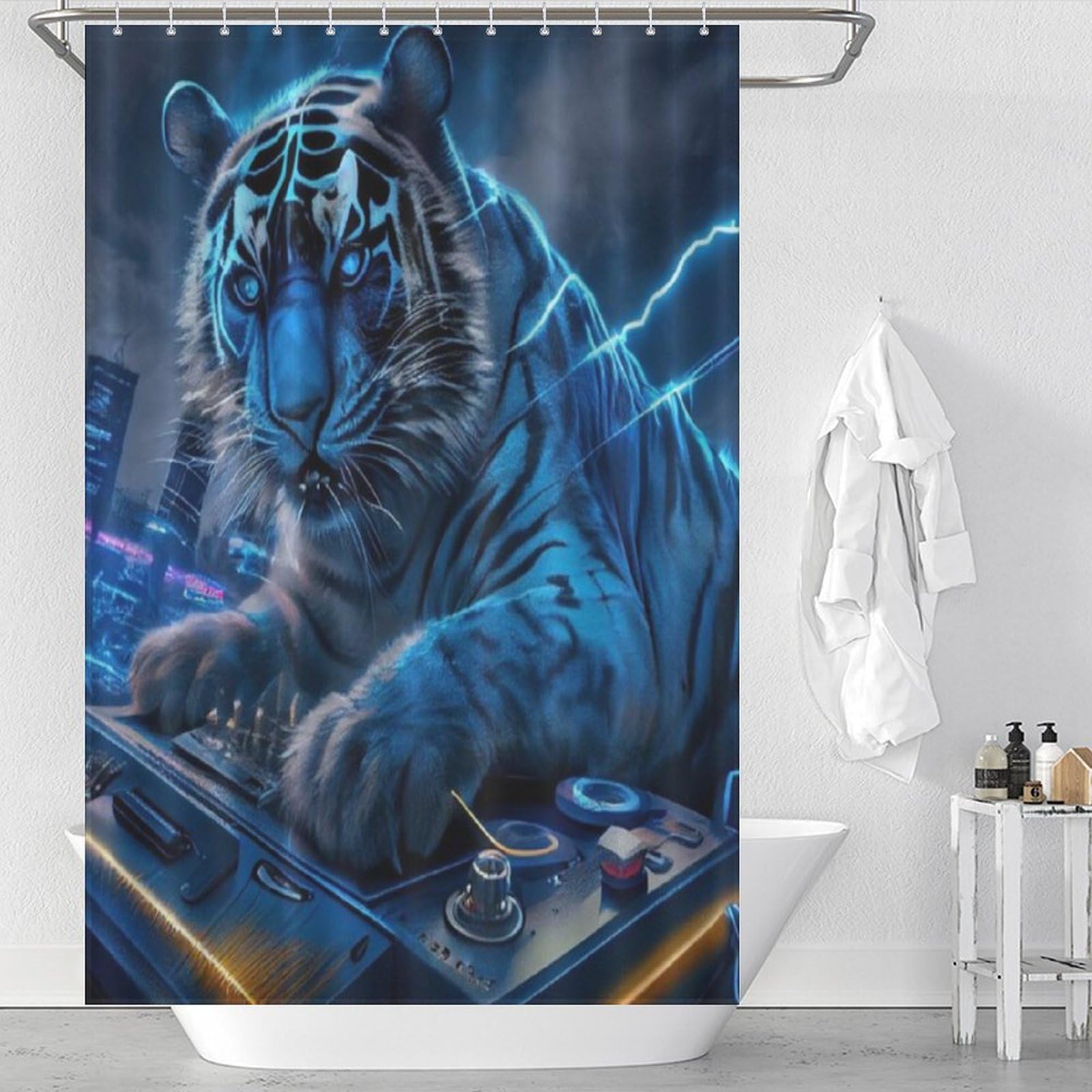 Rideau de douche avec crochets motif tigre imperméable 122x183cm pour baignoire de douche