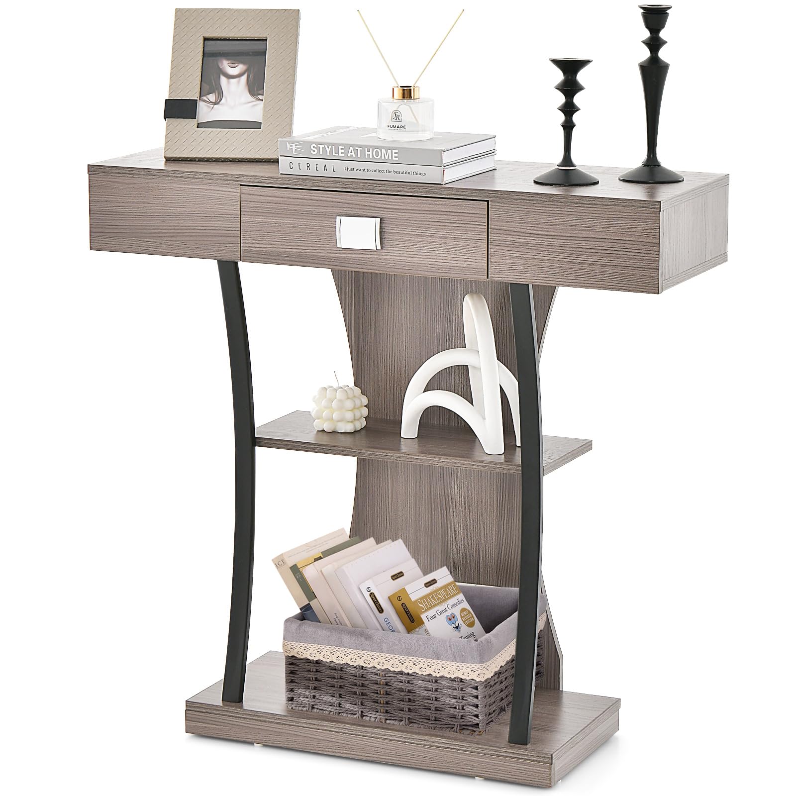 GOFLAME3-Tier Console Table with Shelves, Wooden Entryway Table with Anti-toppling Device & Supporting Metal Tubes, Industrial Narrow Sofa Table for Entryway Hallway Living Room (Gray)