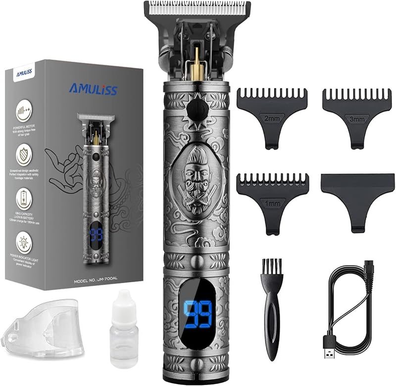 AMULISS Men’s Beard & Hair Trimmer, Zero Gapped Professional Hair Clipper | Multifunctional,180-min running time,all-metal body,T- blade trimmer for beard,haircut,carving,body hair,balding trimming