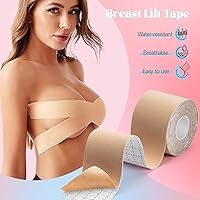 Vista 2 de PULIOU Cinta de pecho para mujer, cinta corporal para levantamiento de senos, 1 par de cubiertas reutilizables para pezones, 1 rollo de cinta