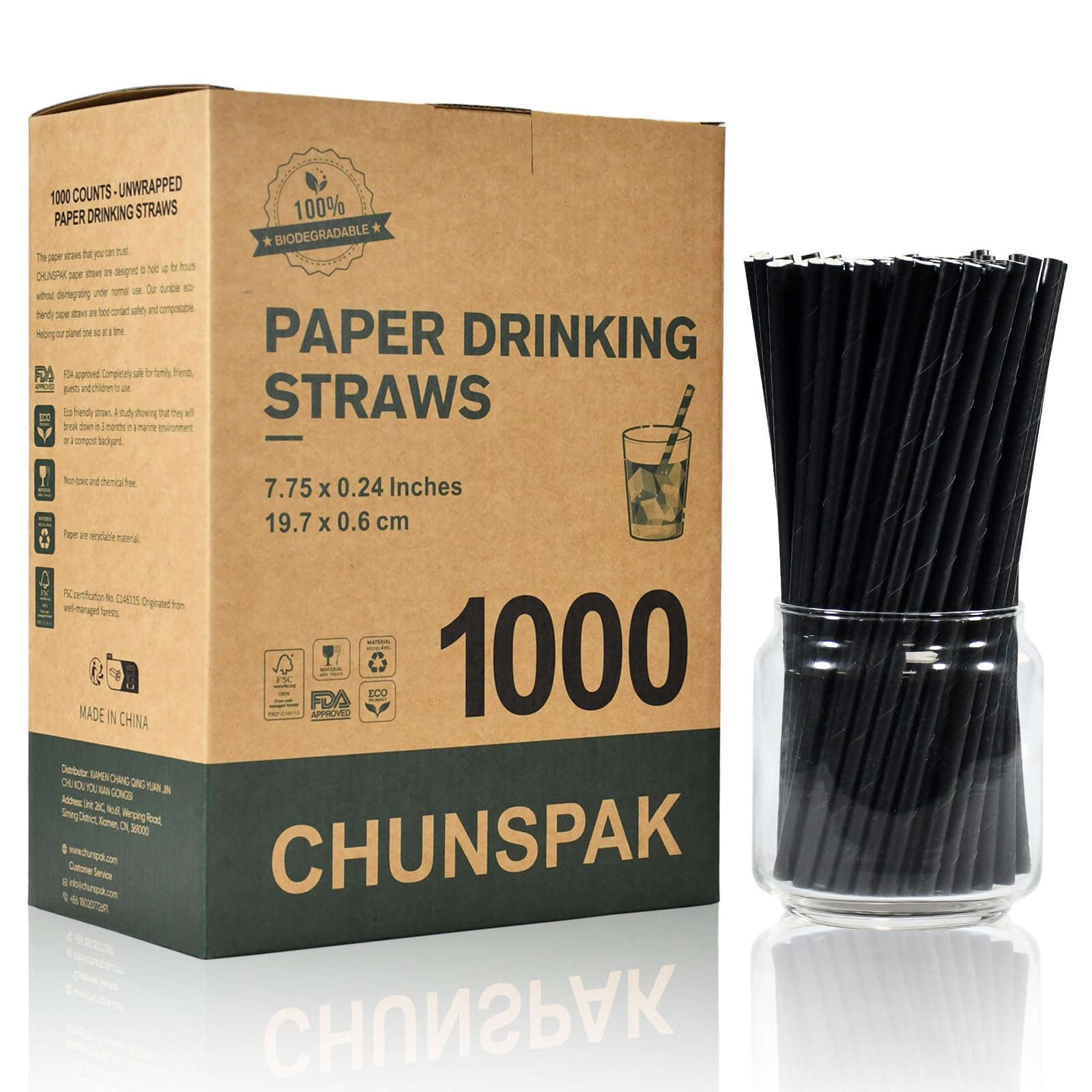 Lot de 1000 pailles en papier biodégradables pour cocktail Noir 19,7 cm x 0,6 cm Pour bars et restaurants