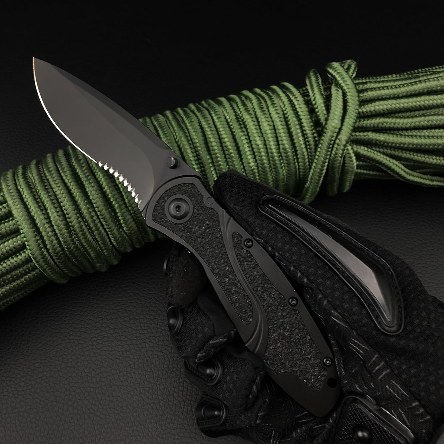 7.8 Inch Black Pocket Knife, Manual Opening Folding Knife with Thumd Stud, 8Cr13Mov Steel Blade Aluminum Handle, Serrated Pocket Knife with Pocketclip for EDC