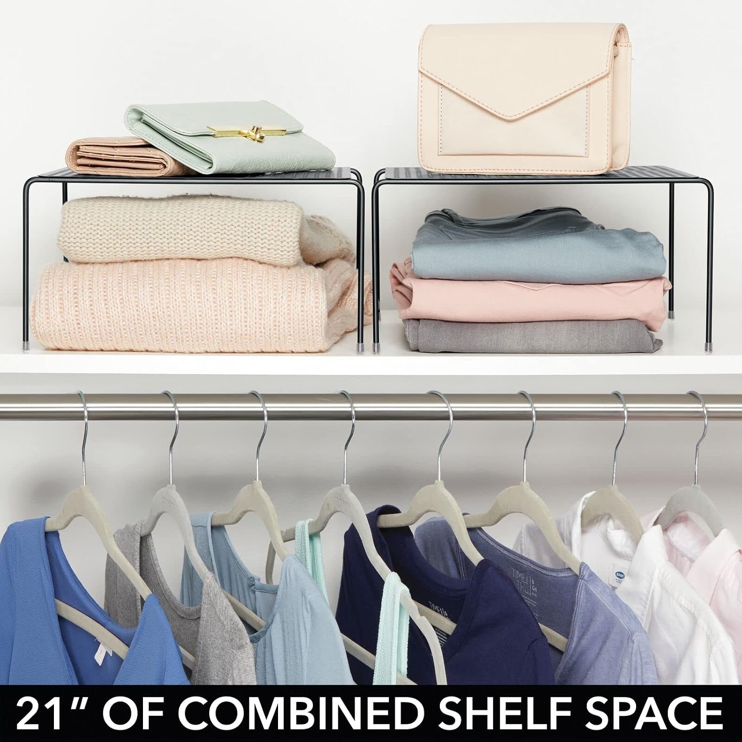 mDesign Farmhouse Metal Stackable Storage Shelf - Closet, Cabinet, Countertop 2-Tier Raised Organizer - for Bedrooms, Bathrooms, Entryways, Hallways, 2 Pack - Black