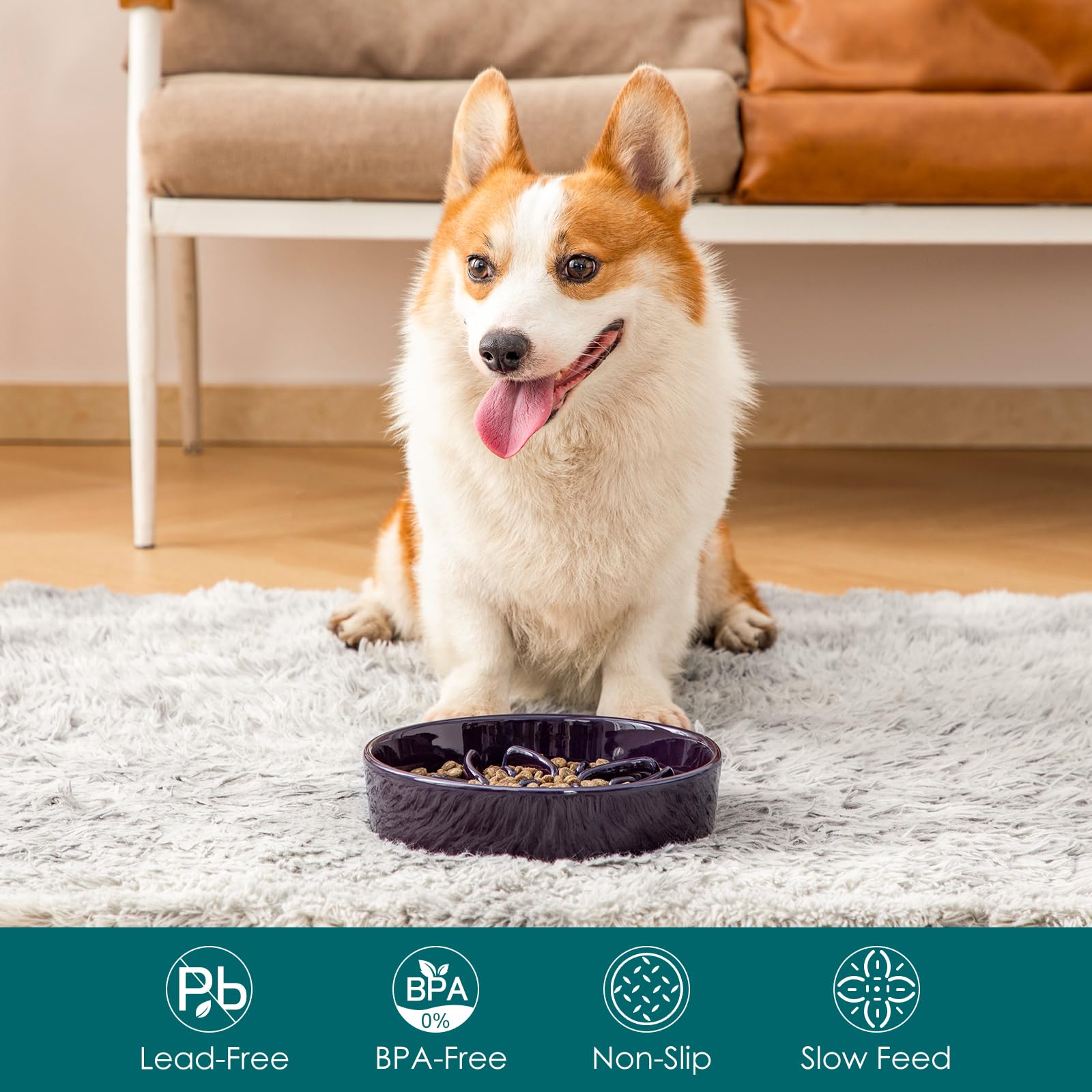 vancasso Ceramic Slow Feeder Dog Bowls, Puzzle Dog Food Bowls with Floral Maze, Anti -Slip Pet Food Dish for Medium Breed, 1.5 Cups, Purple - image 3